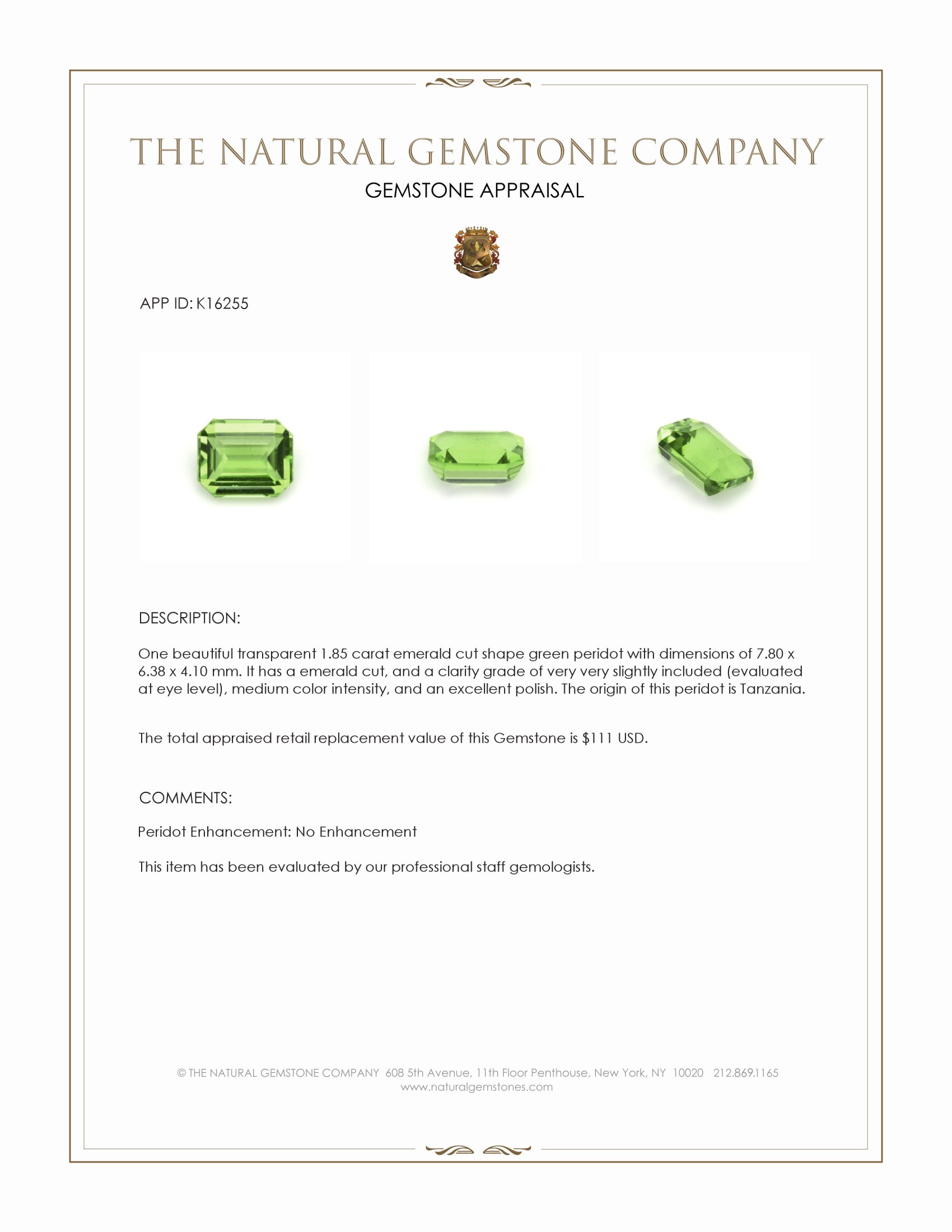 1.85 Ct. Green Peridot from Tanzania