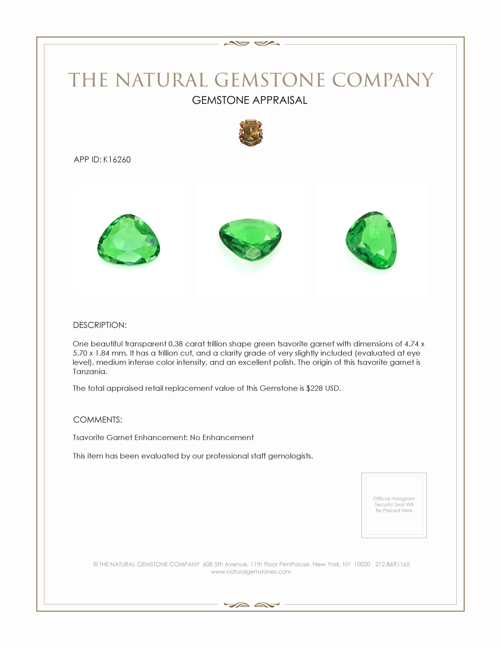 0.38 Ct. Tsavorite Garnet from Tanzania