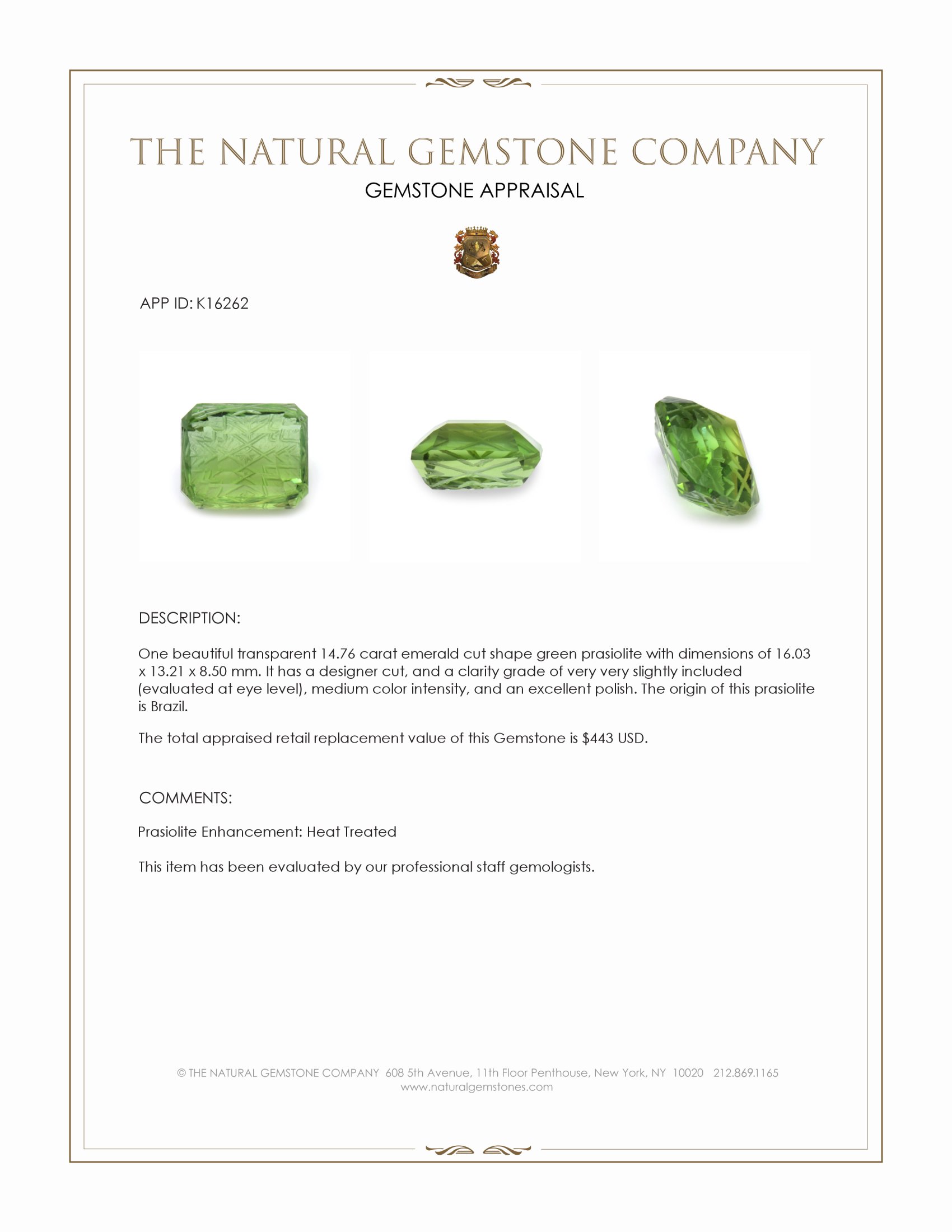 14.76 Ct. Green Prasiolite from Brazil