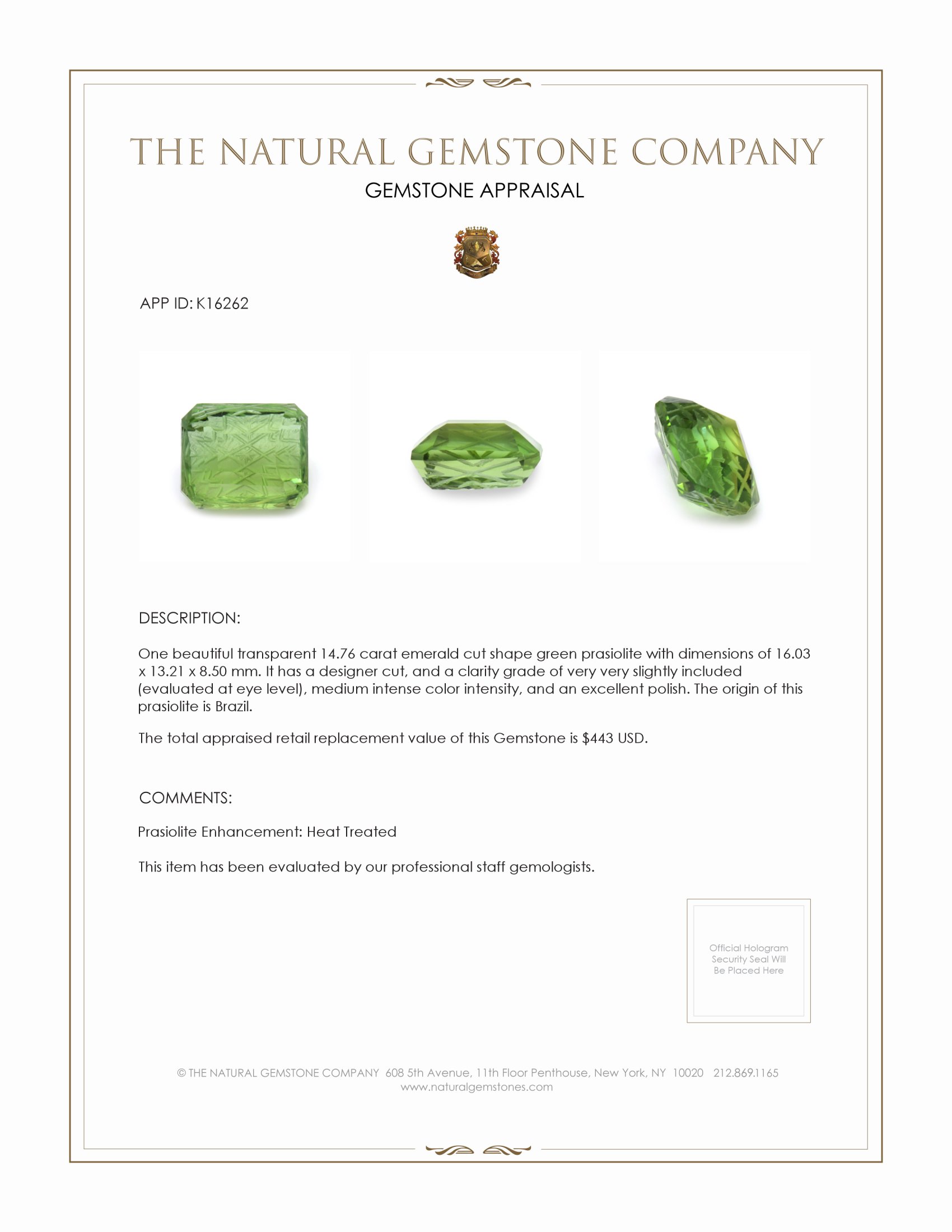 14.76 Ct. Prasiolite from Brazil