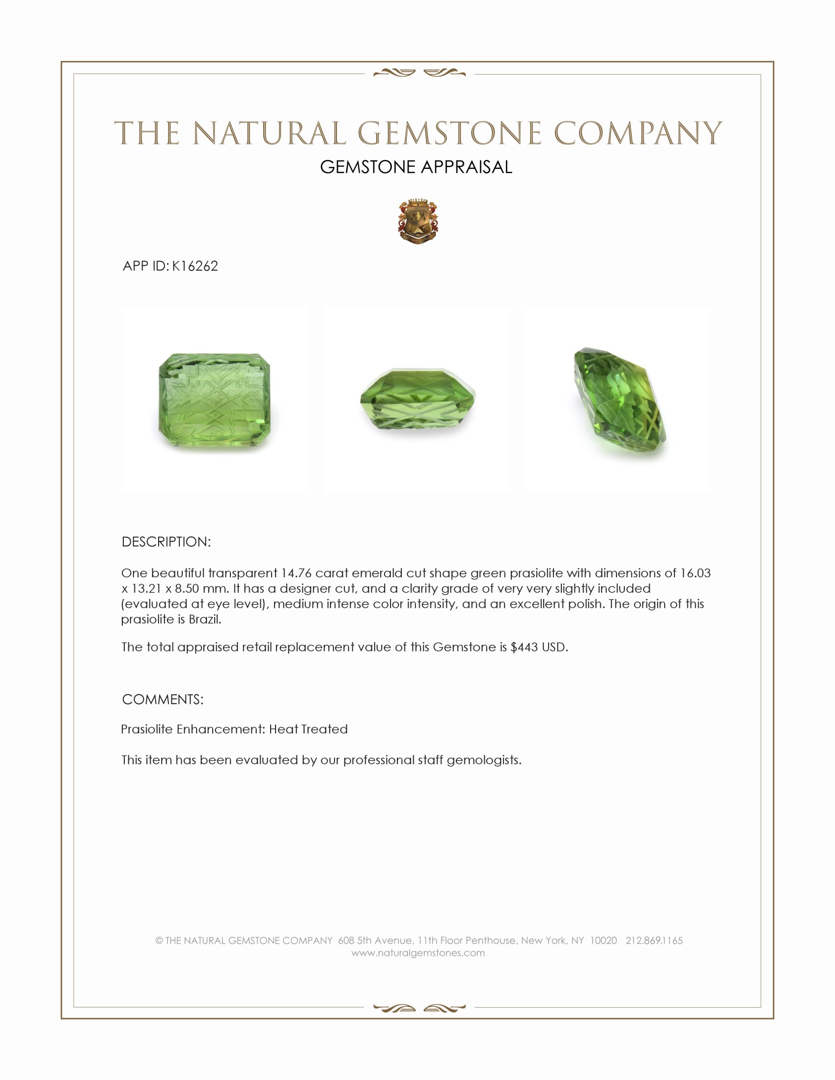 14.76 Ct. Prasiolite from Brazil