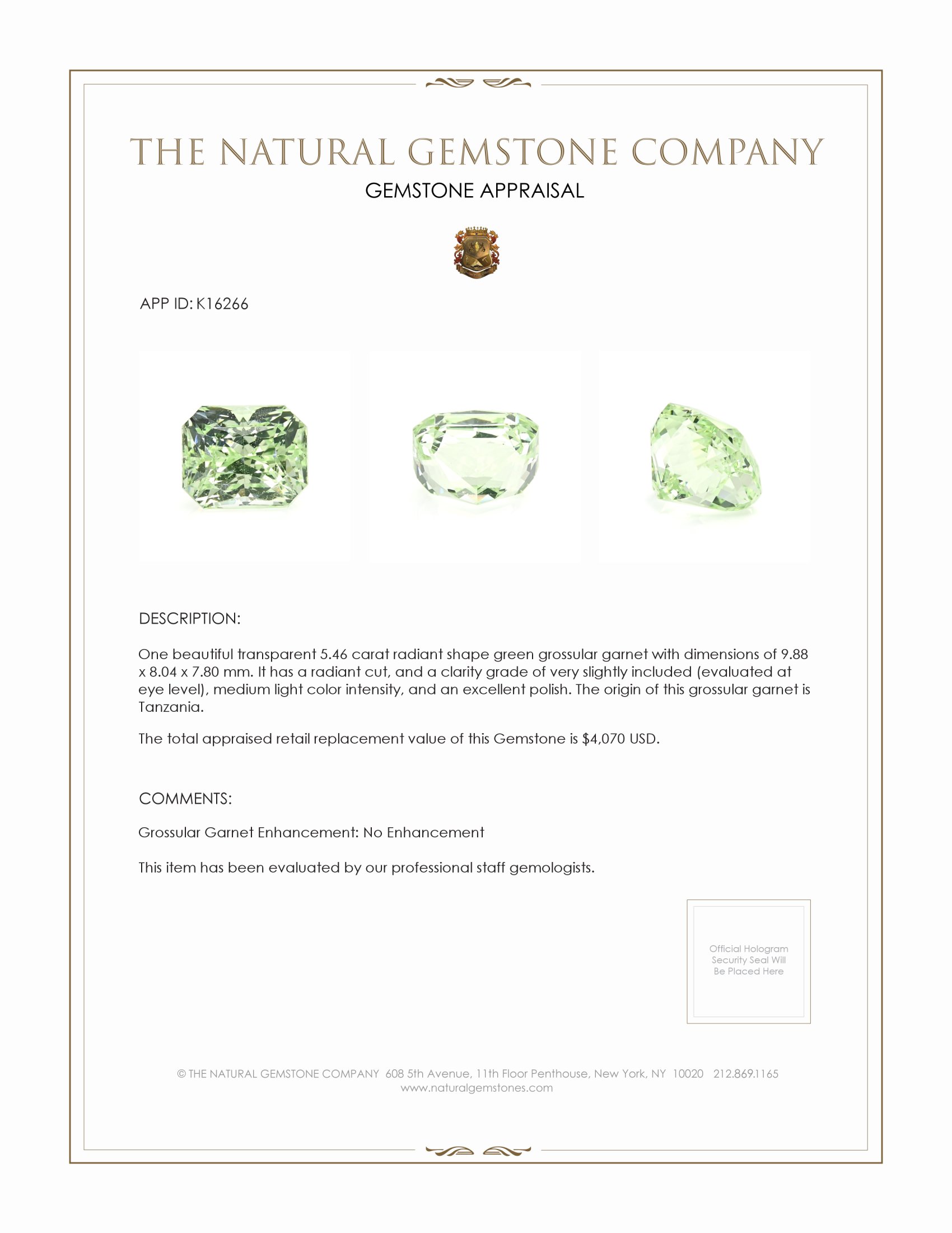 5.46 Ct. Yellowish Green Grossular Garnet from Tanzania