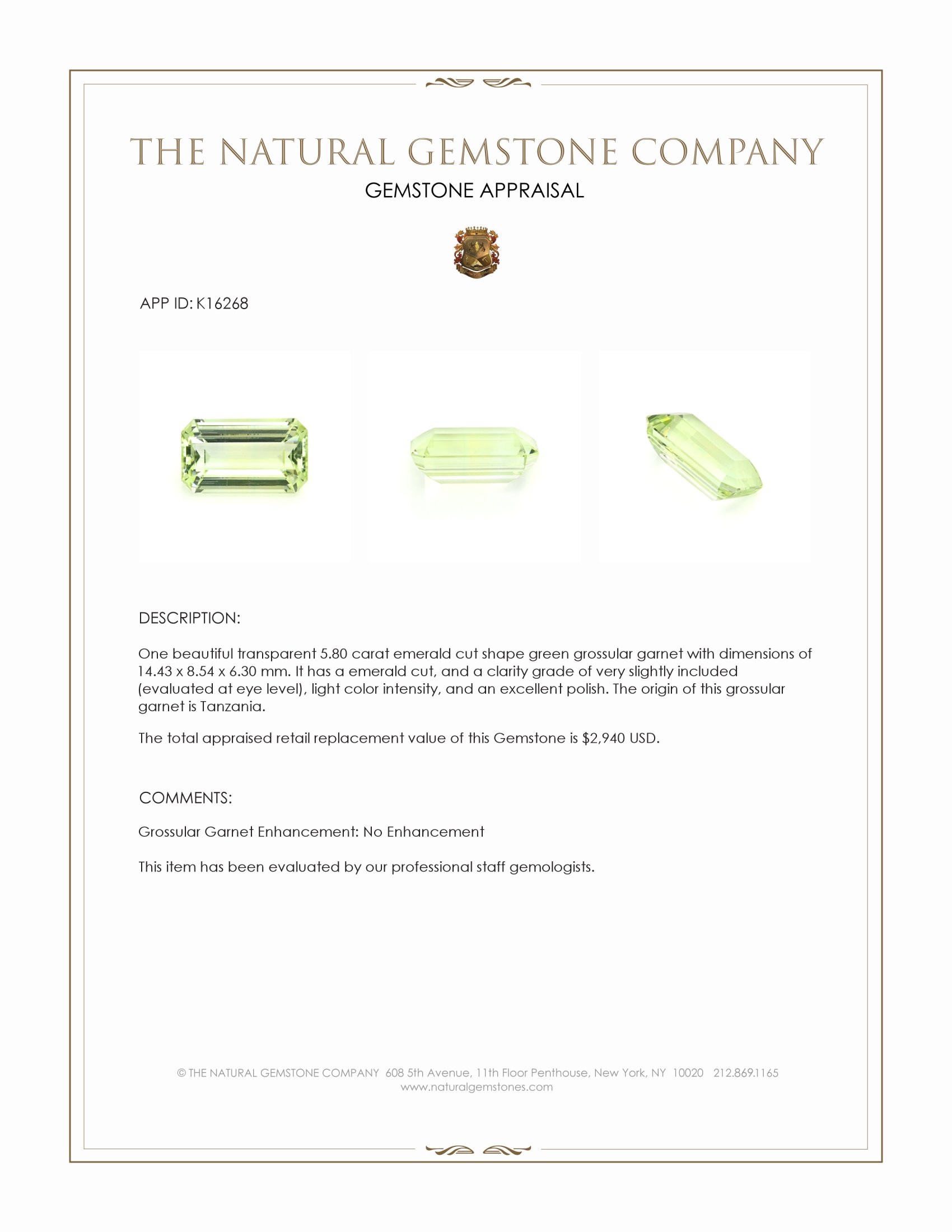 5.80 Ct. Green Grossular Garnet from Tanzania