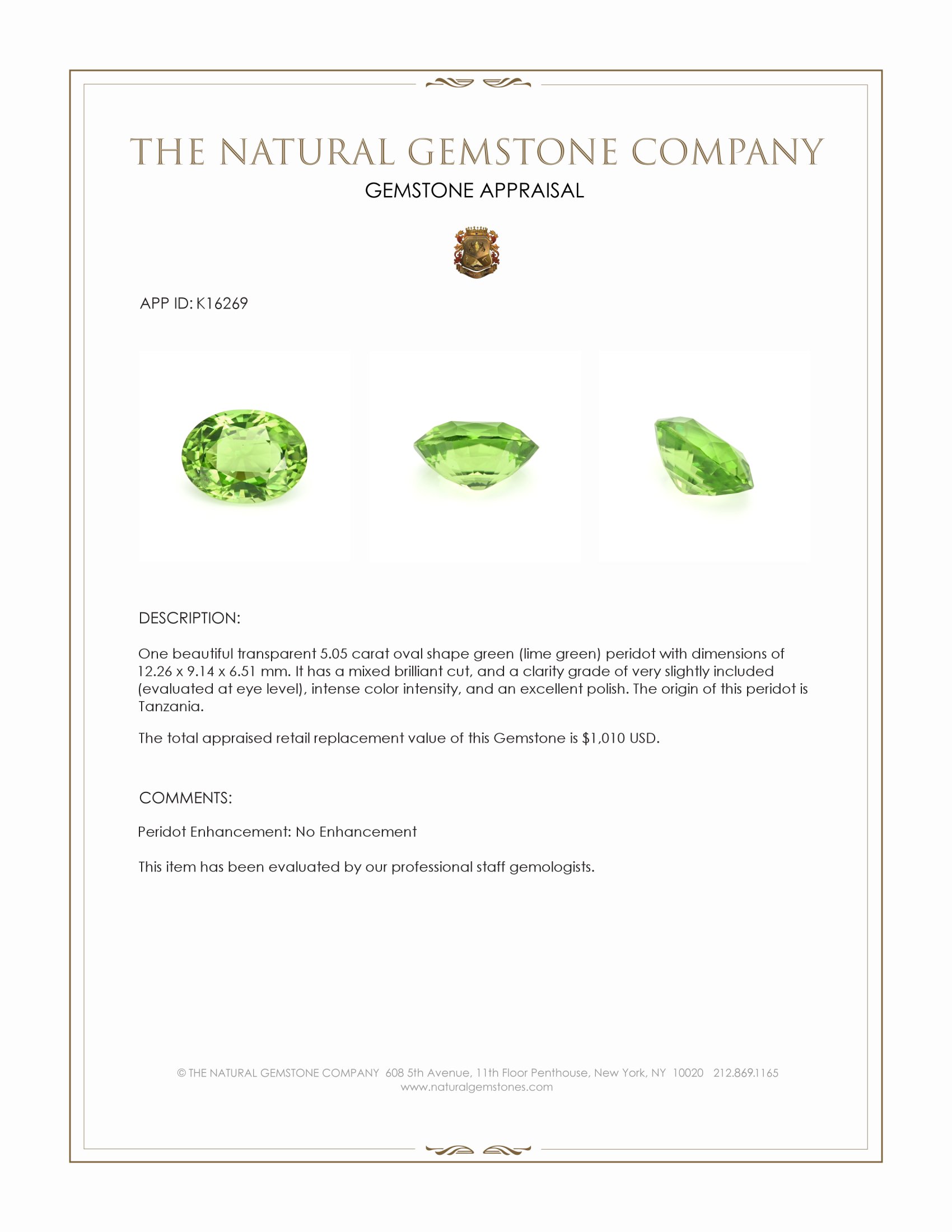 5.05 Ct. Green (Lime Green) Peridot from Tanzania