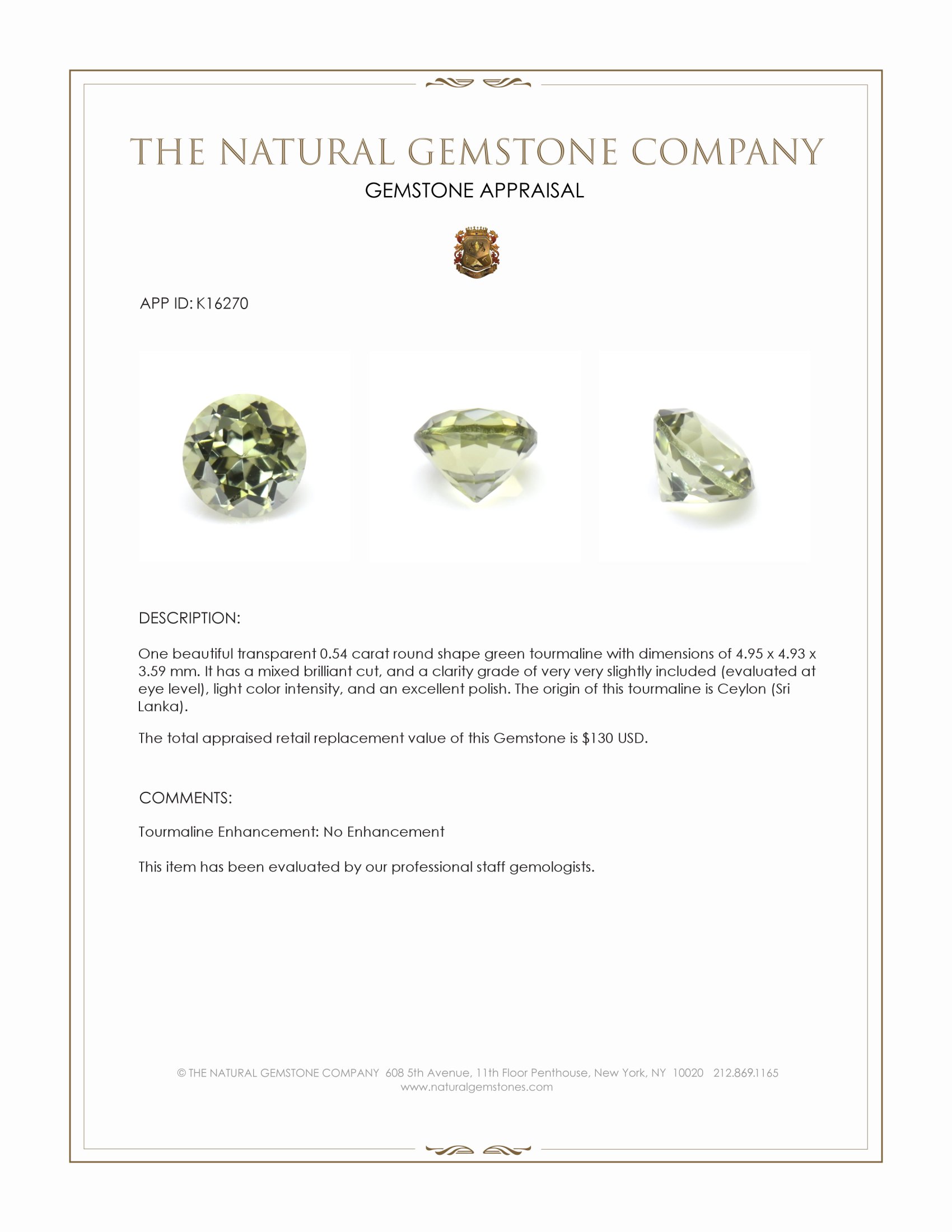 0.54 Ct. Green Tourmaline from Ceylon (Sri Lanka)