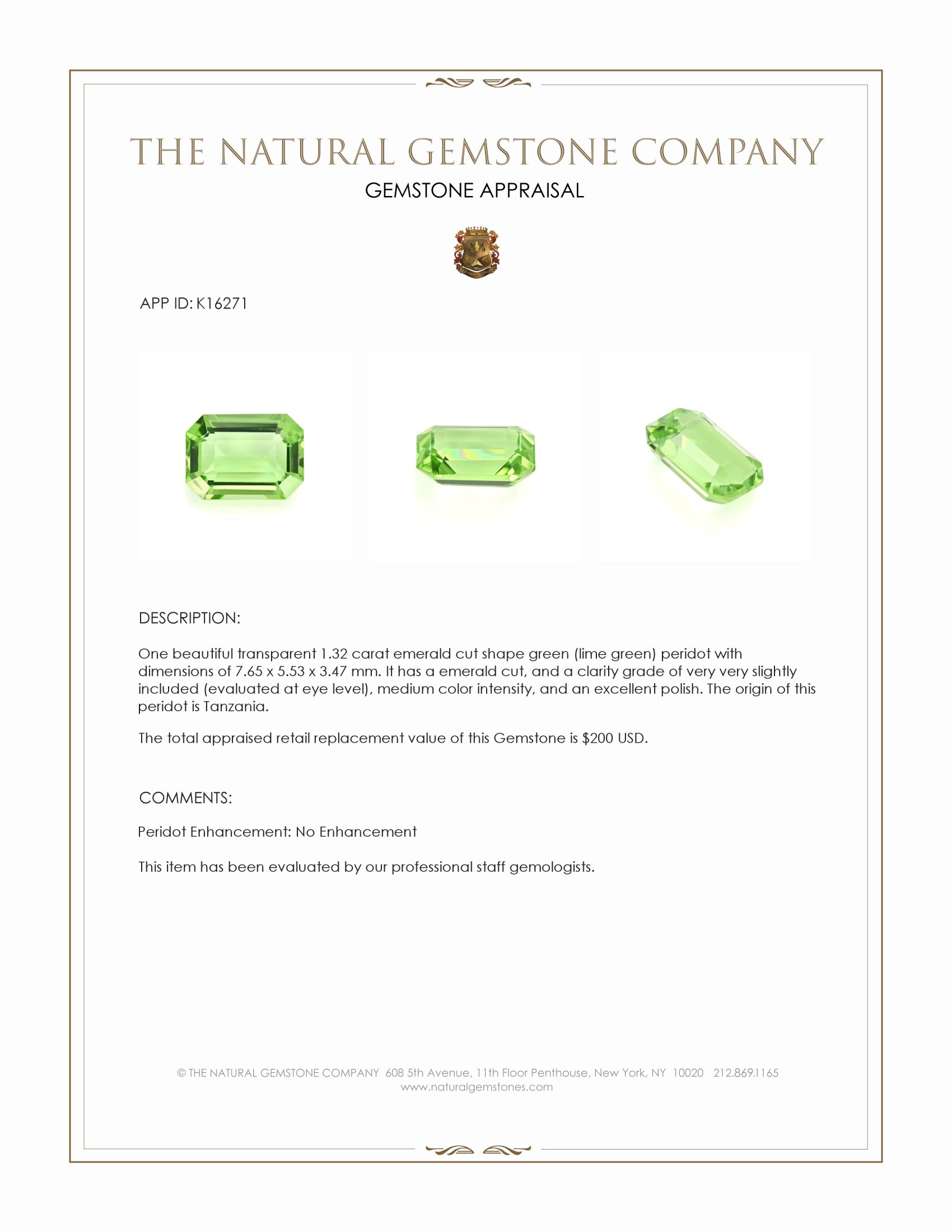 1.32 Ct. Green (Lime Green) Peridot from Tanzania