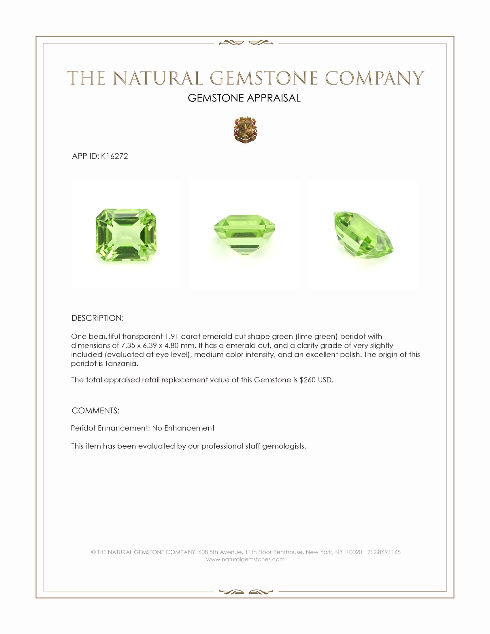 1.91 Ct. Green (Lime Green) Peridot from Tanzania