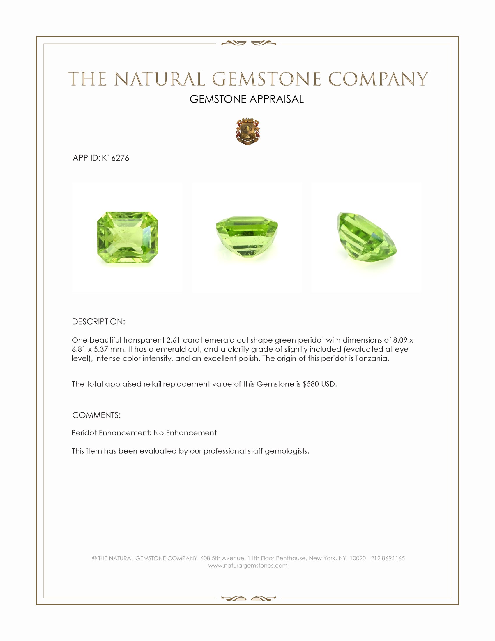 2.61 Ct. Green (Lime Green) Peridot from Tanzania
