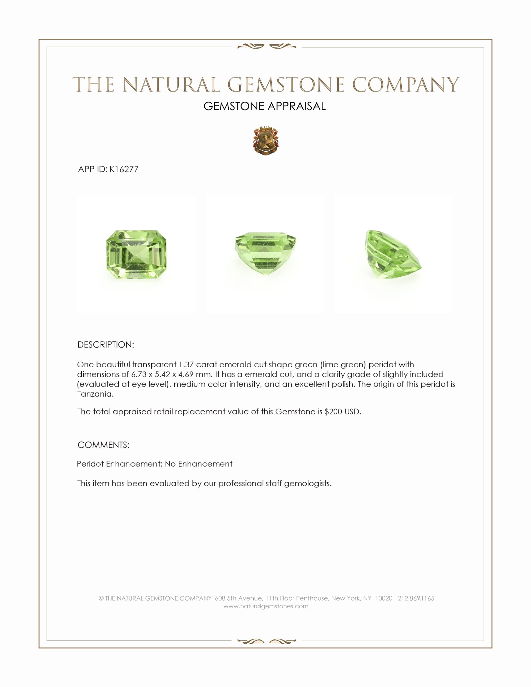 1.37 Ct. Green (Lime Green) Peridot from Tanzania