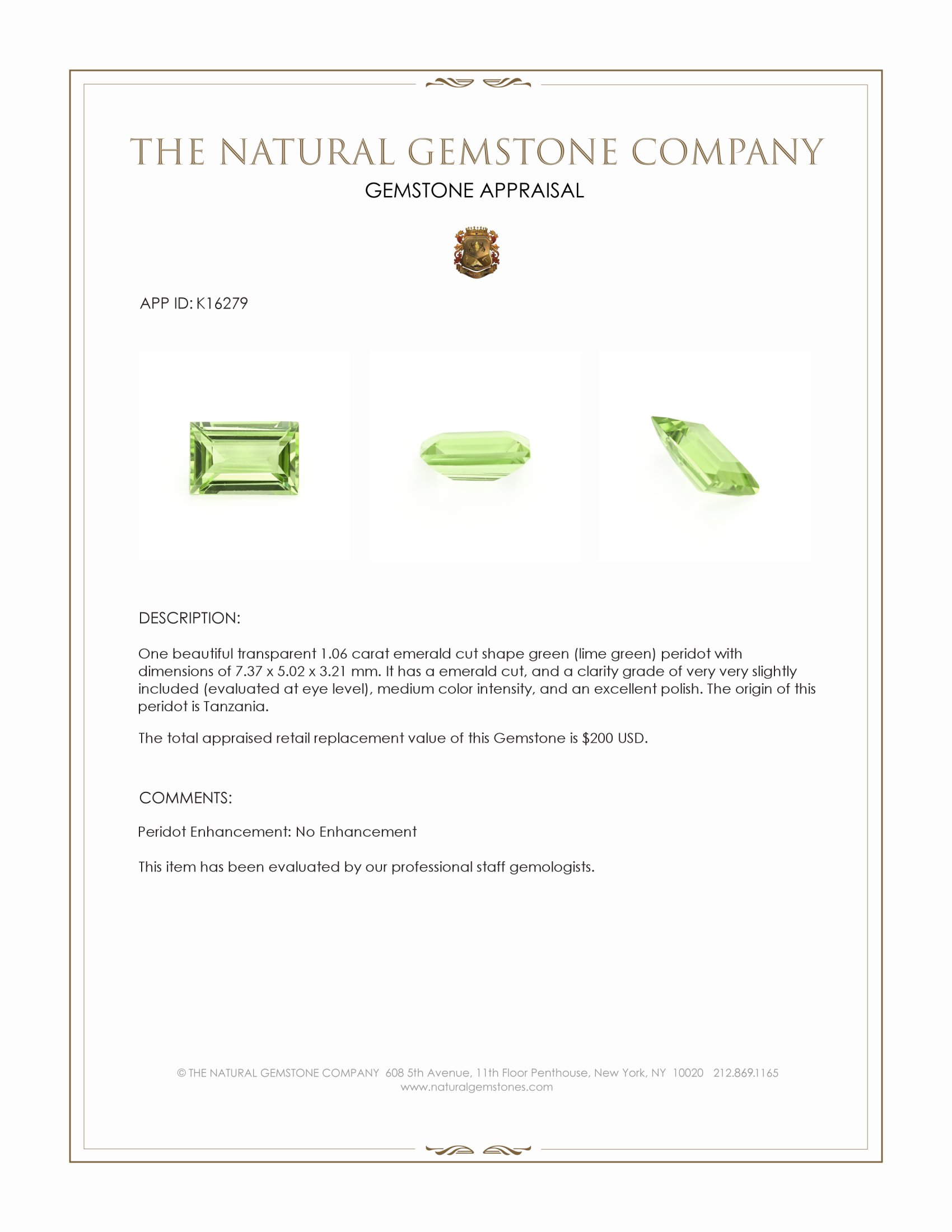 1.06 Ct. Green (Lime Green) Peridot from Tanzania