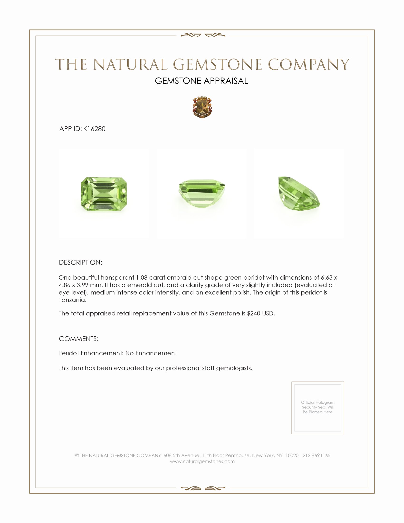 1.08 Ct. Green (Lime Green) Peridot from Tanzania