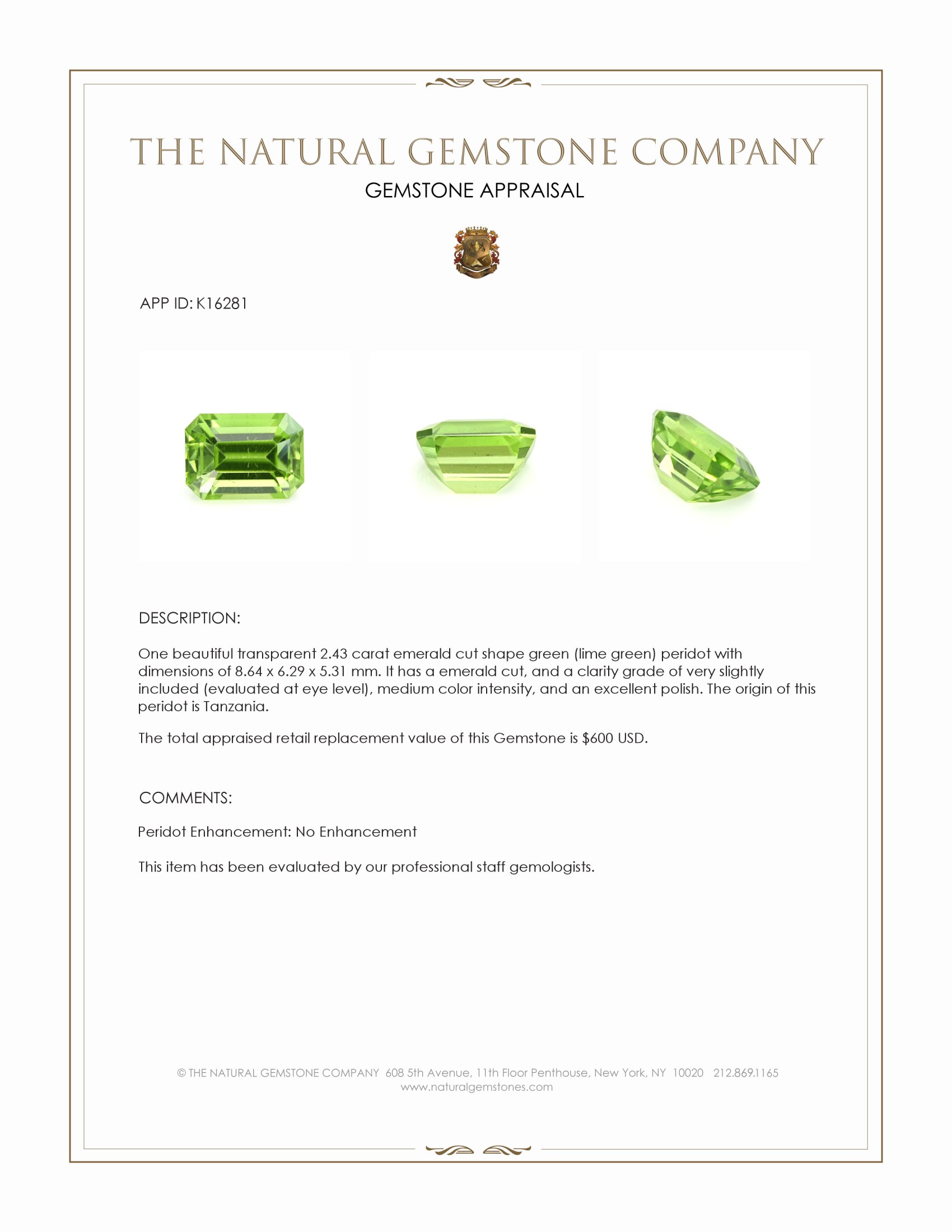 2.43 Ct. Green (Lime Green) Peridot from Tanzania