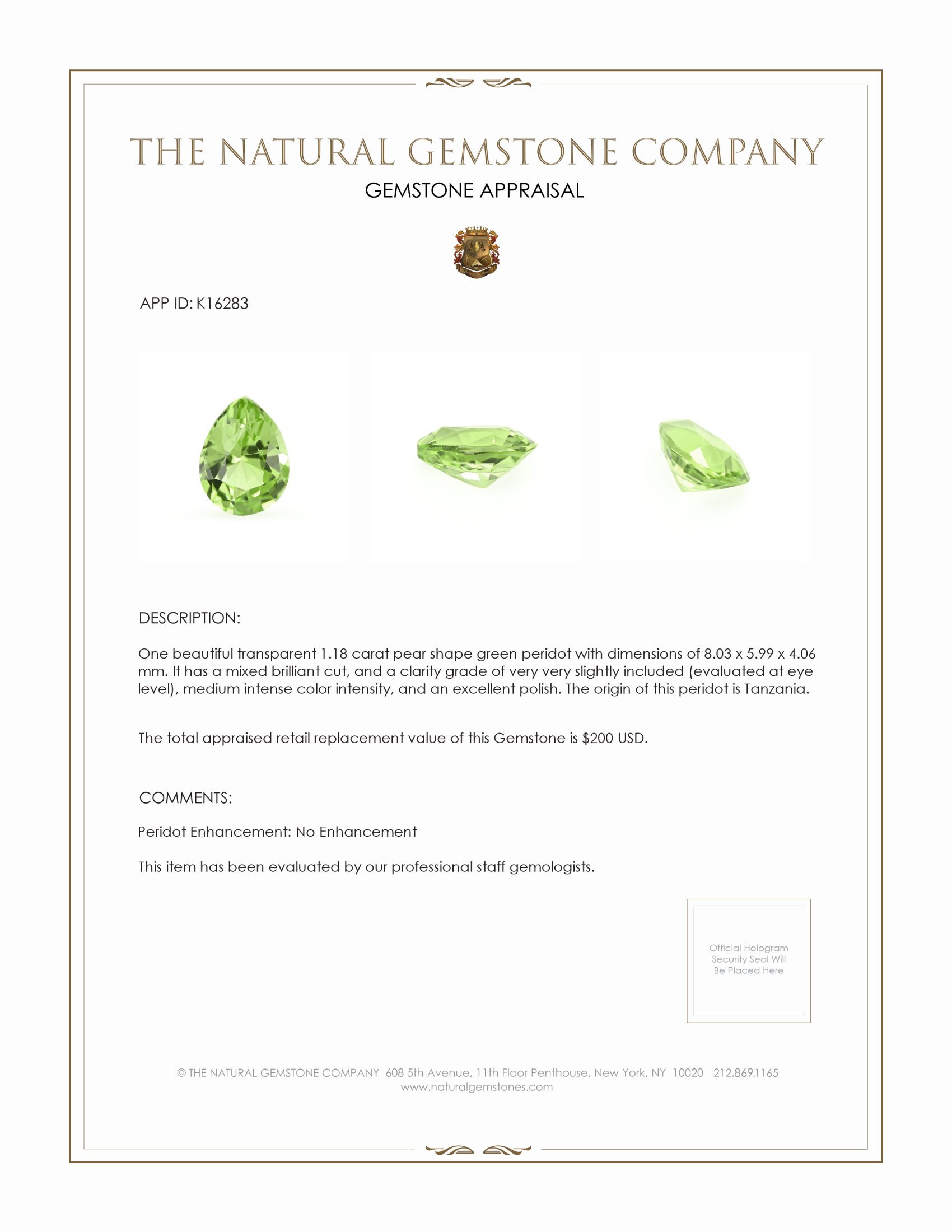 1.18 Ct. Green Peridot from Tanzania