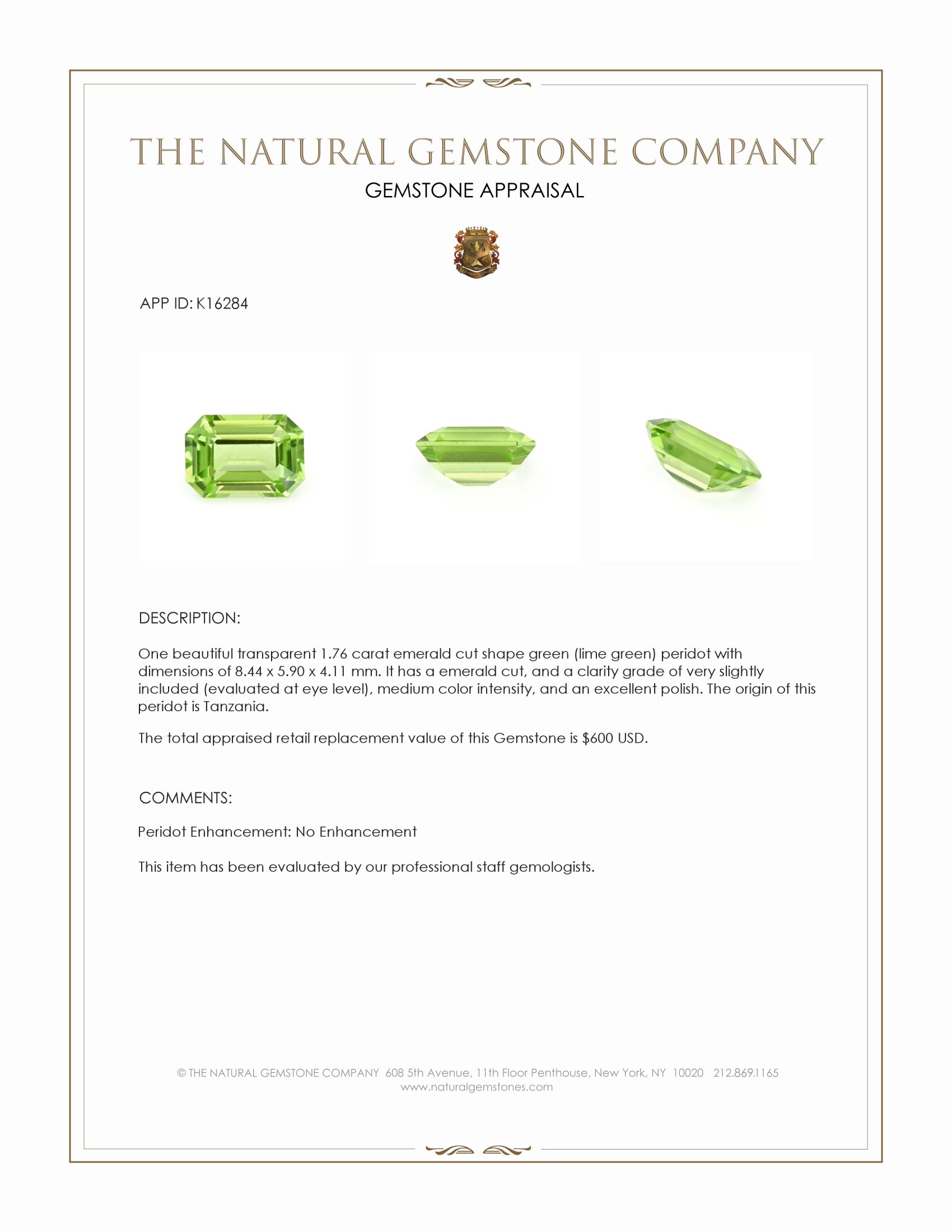 1.76 Ct. Green (Lime Green) Peridot from Tanzania