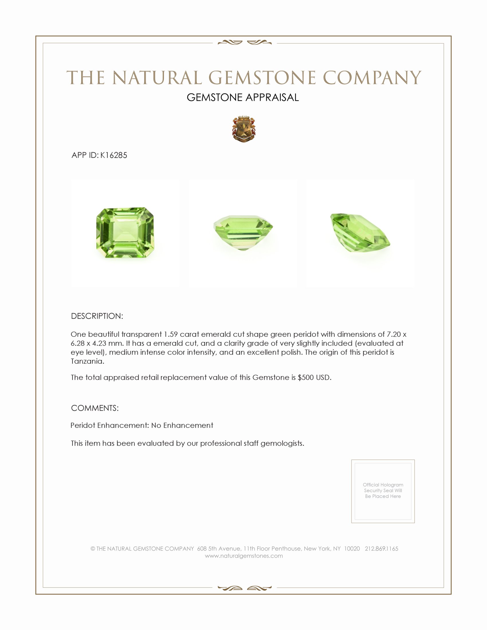1.59 Ct. Green (Lime Green) Peridot from Tanzania