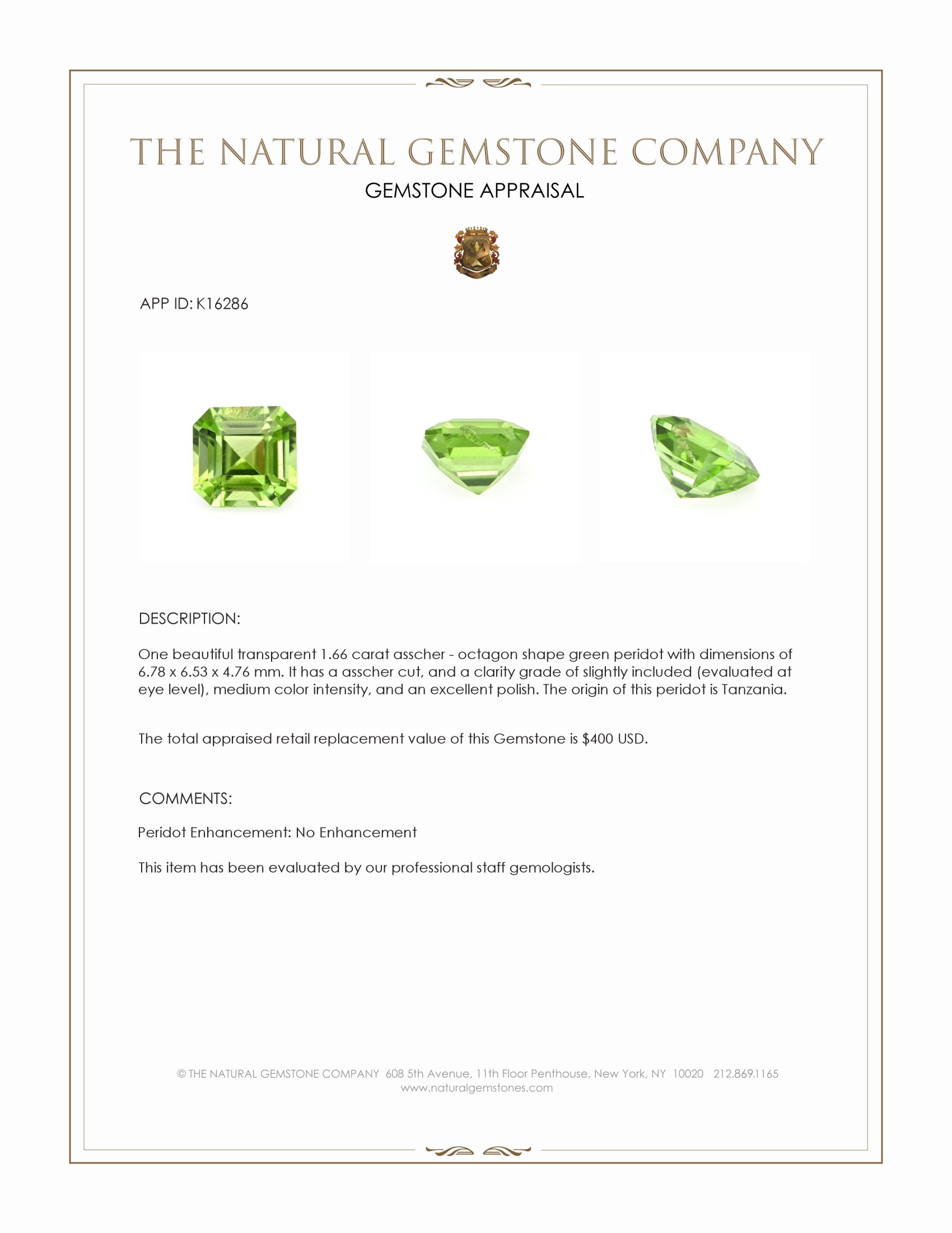 1.66 Ct. Green Peridot from Tanzania