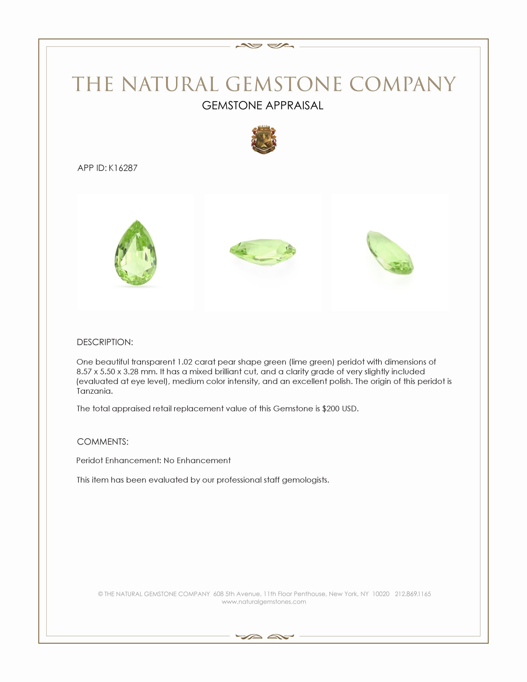 1.02 Ct. Green (Lime Green) Peridot from Tanzania