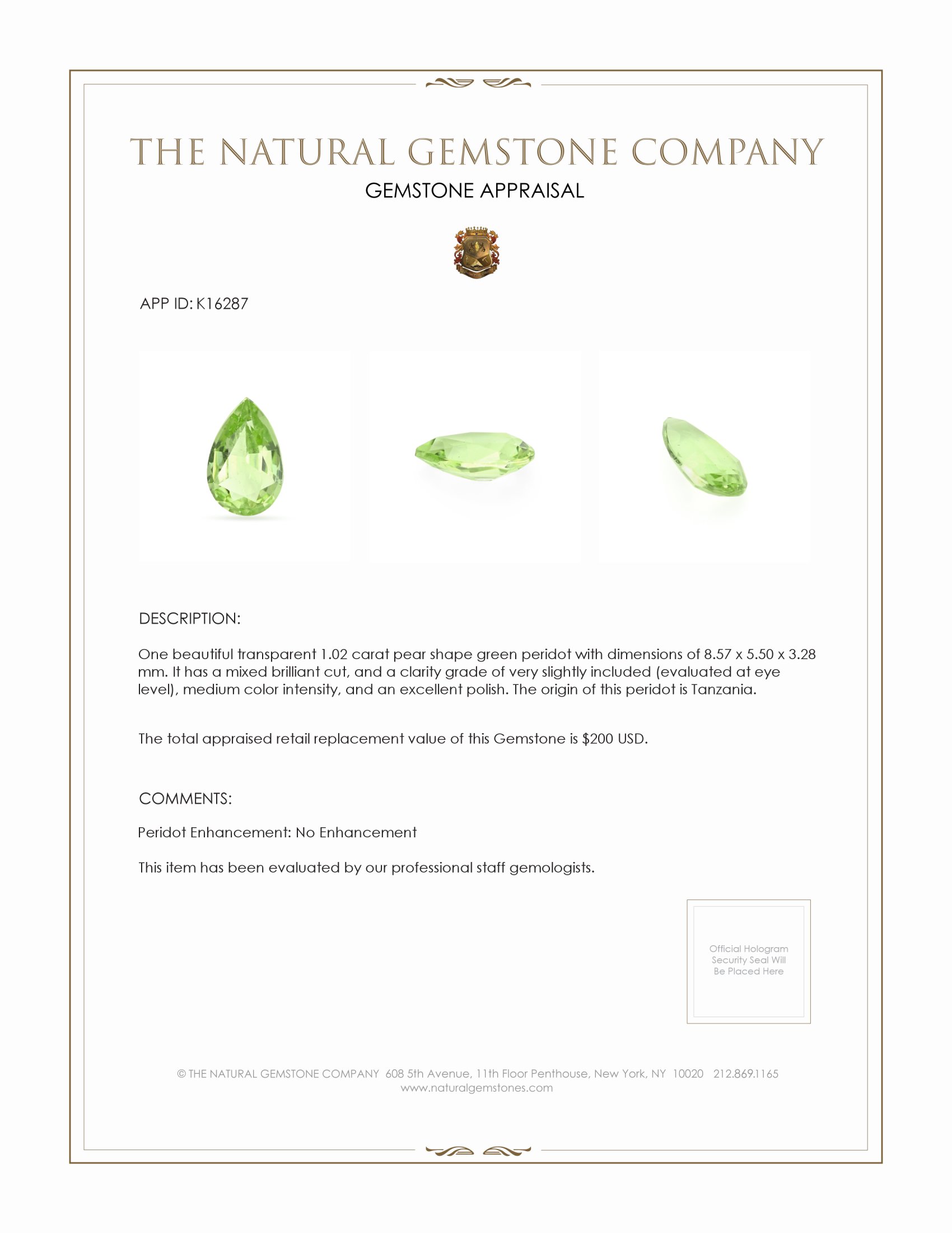 1.02 Ct. Peridot from Tanzania