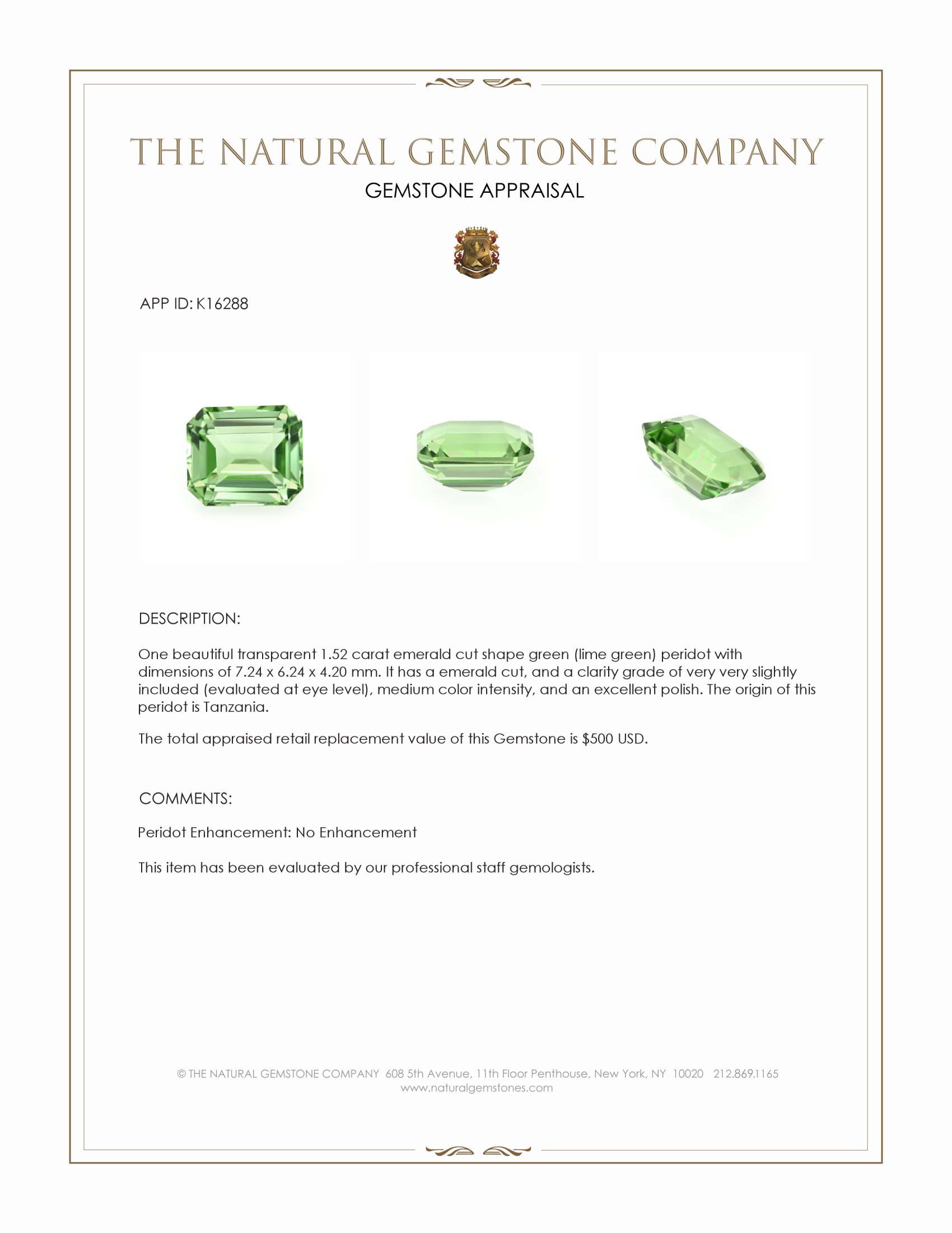 1.52 Ct. Green (Lime Green) Peridot from Tanzania