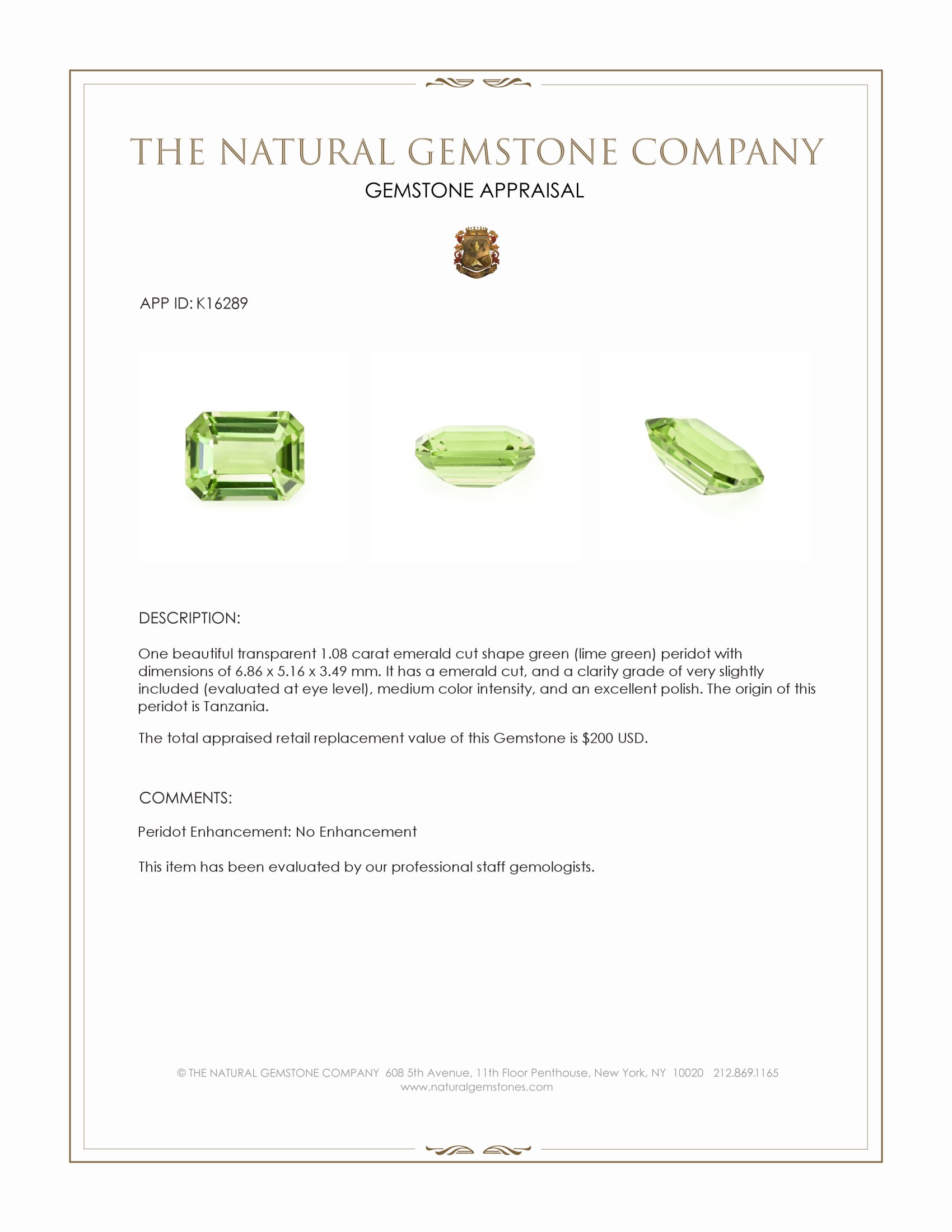 1.08 Ct. Green (Lime Green) Peridot from Tanzania