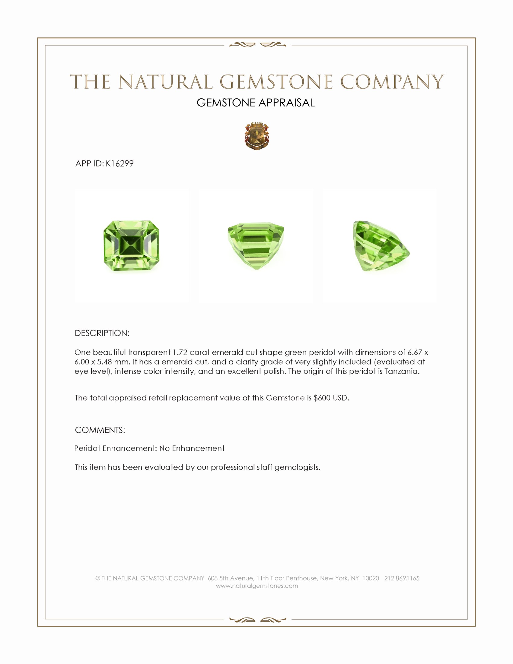 1.72 Ct. Green Peridot from Tanzania