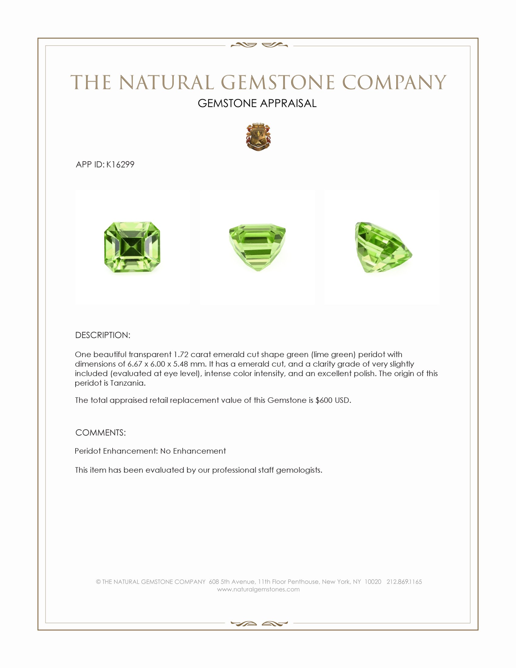 1.72 Ct. Green (Lime Green) Peridot from Tanzania