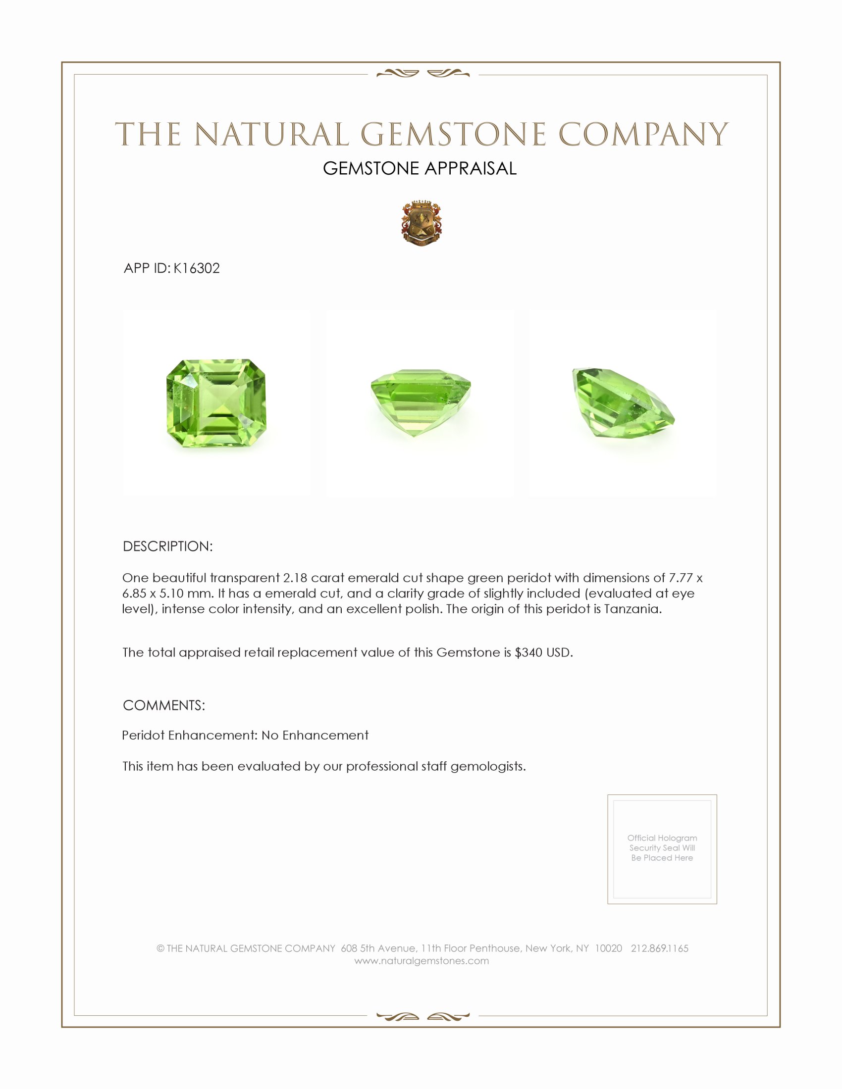 2.18 Ct. Green (Lime Green) Peridot from Tanzania