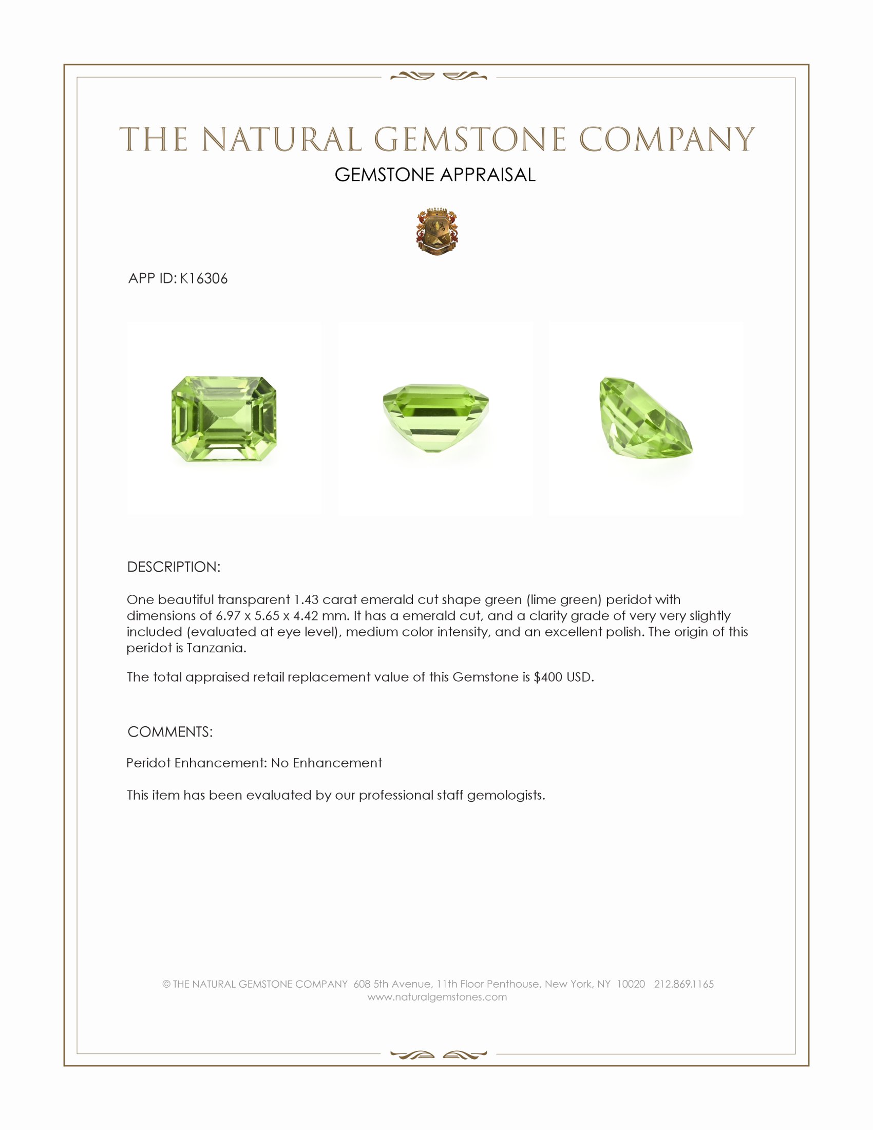 1.43 Ct. Green (Lime Green) Peridot from Tanzania