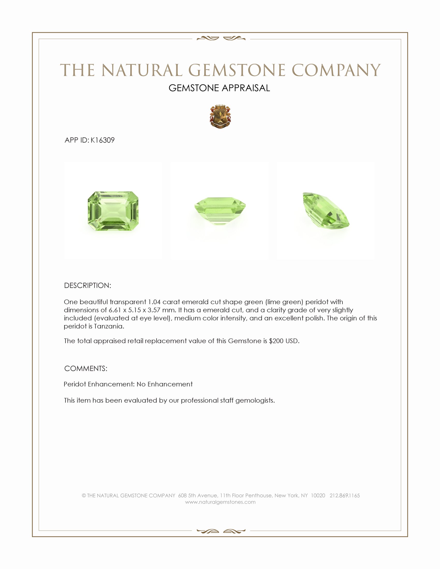 1.04 Ct. Green (Lime Green) Peridot from Tanzania