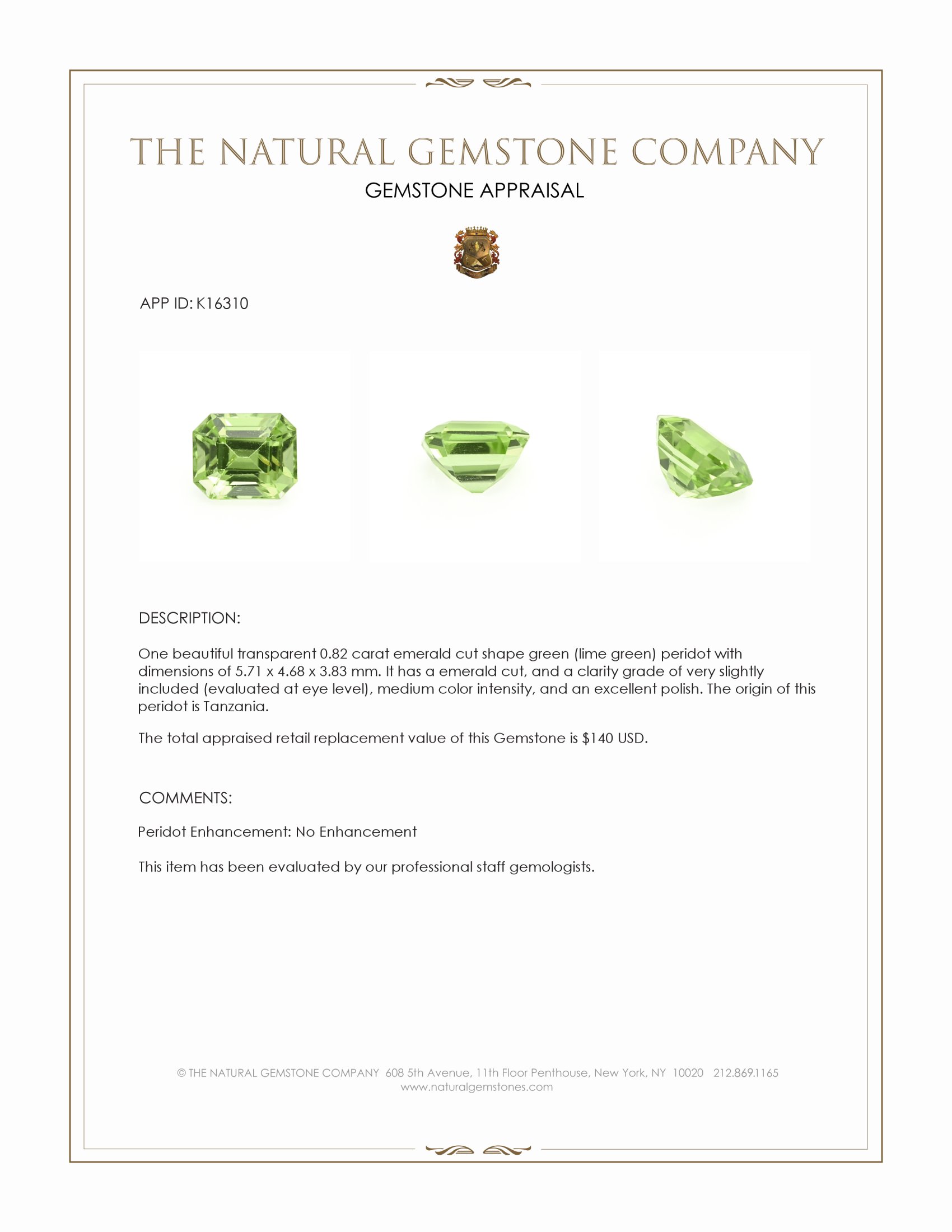 0.82 Ct. Green (Lime Green) Peridot from Tanzania