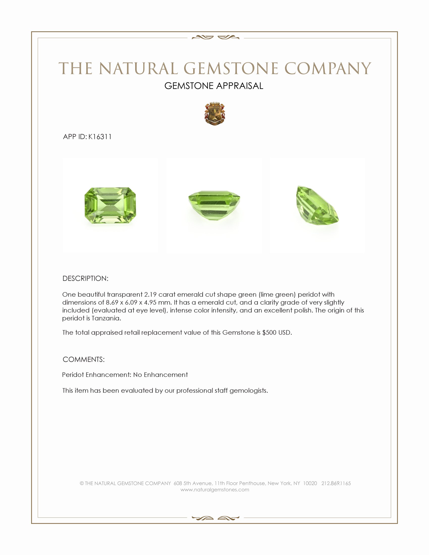 2.19 Ct. Green (Lime Green) Peridot from Tanzania
