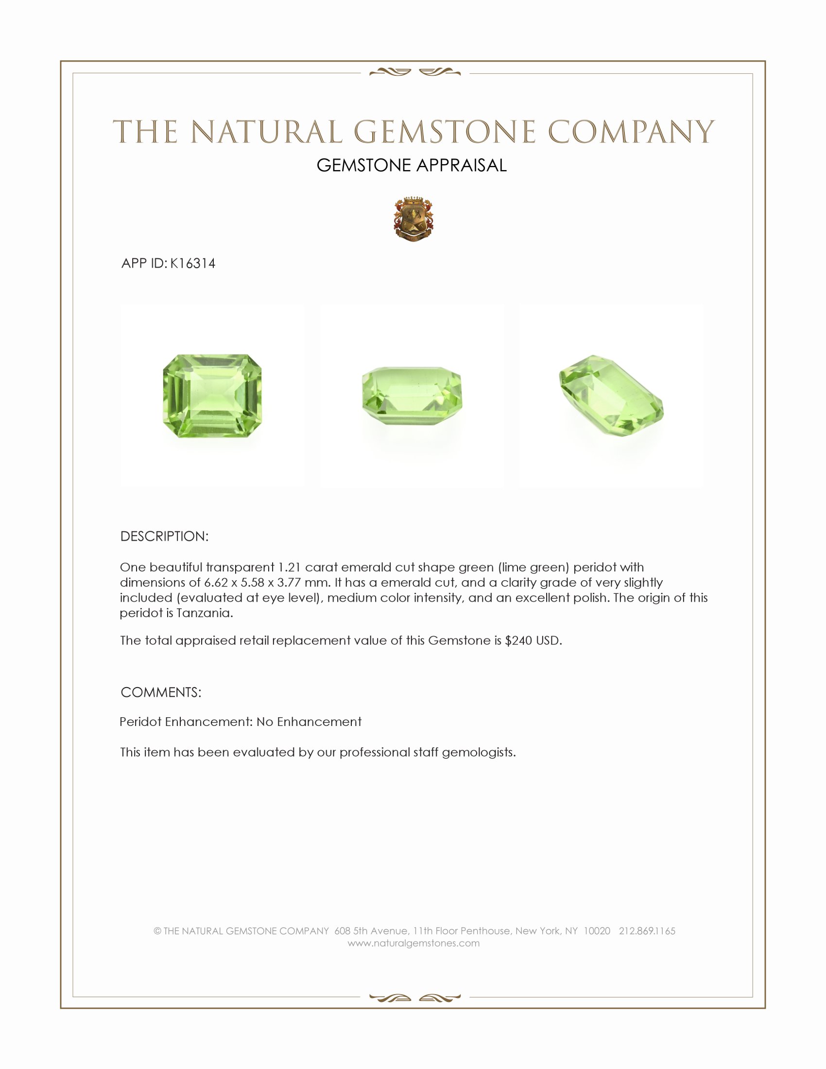 1.21 Ct. Green (Lime Green) Peridot from Tanzania