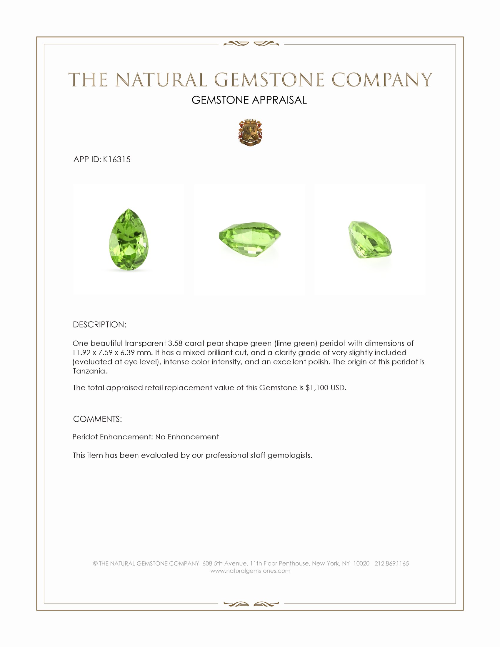 3.58 Ct. Green (Lime Green) Peridot from Tanzania