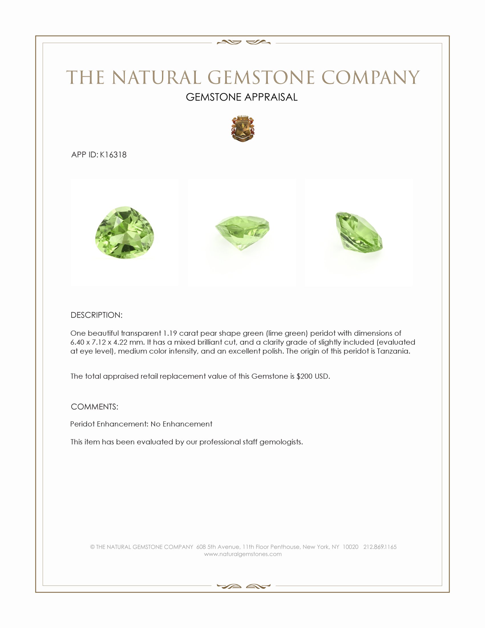 1.19 Ct. Green (Lime Green) Peridot from Tanzania