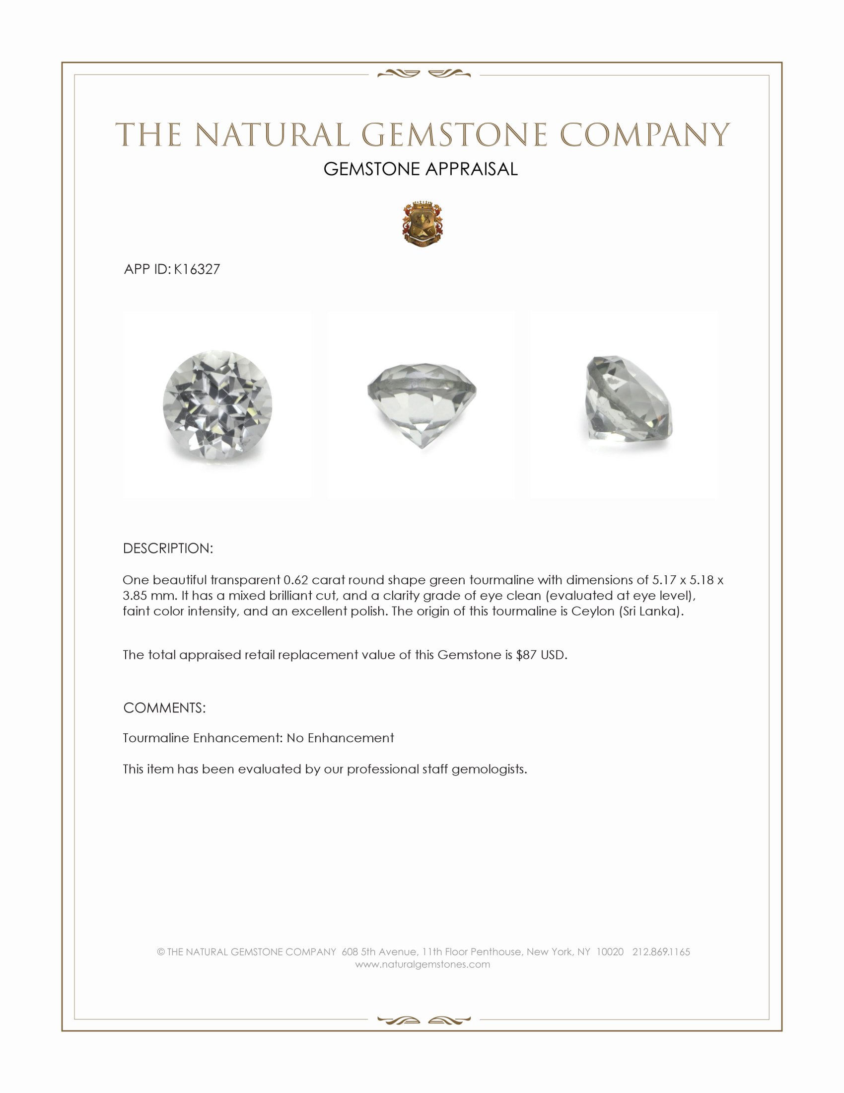 0.62 Ct. Green Tourmaline from Ceylon (Sri Lanka)