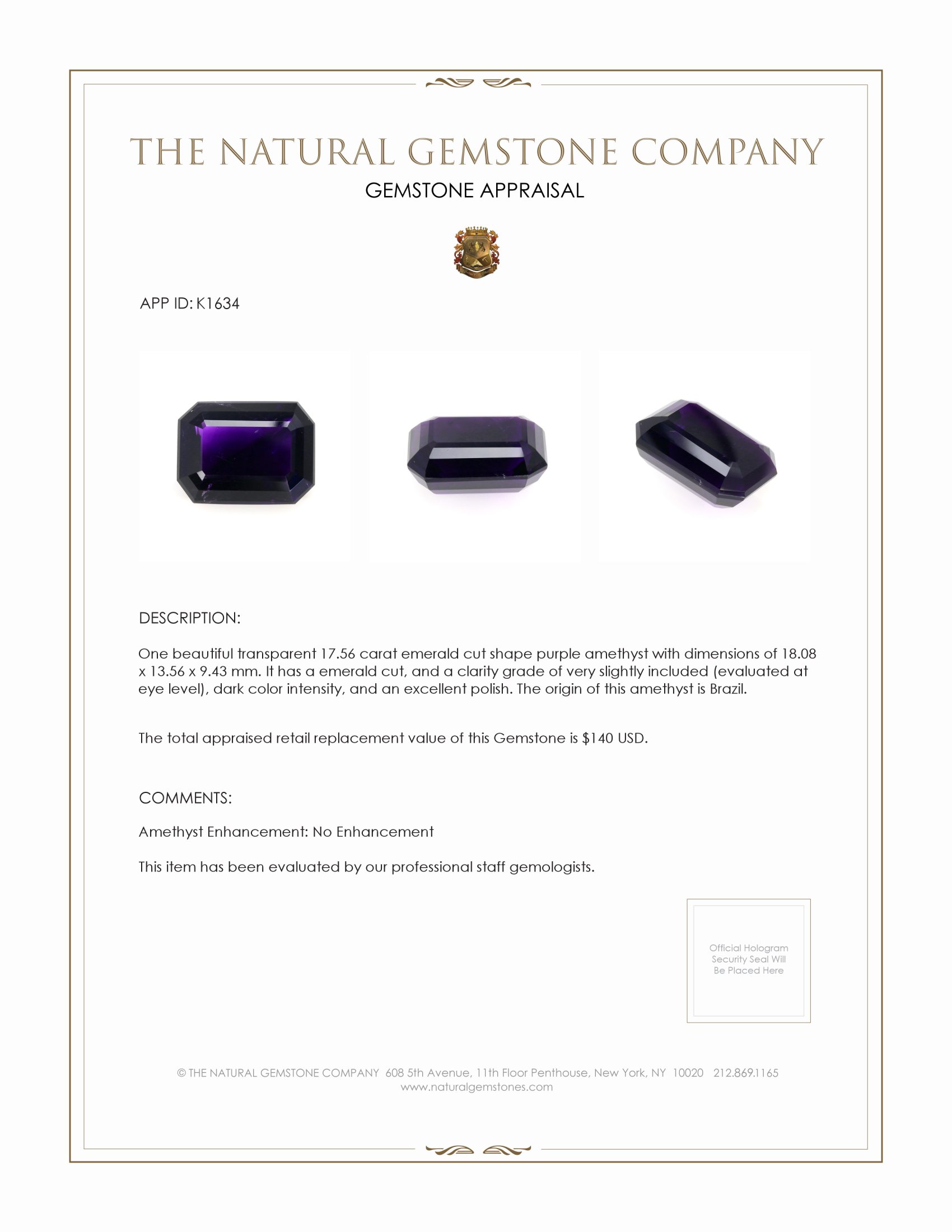 17.56 Ct. Amethyst from Brazil