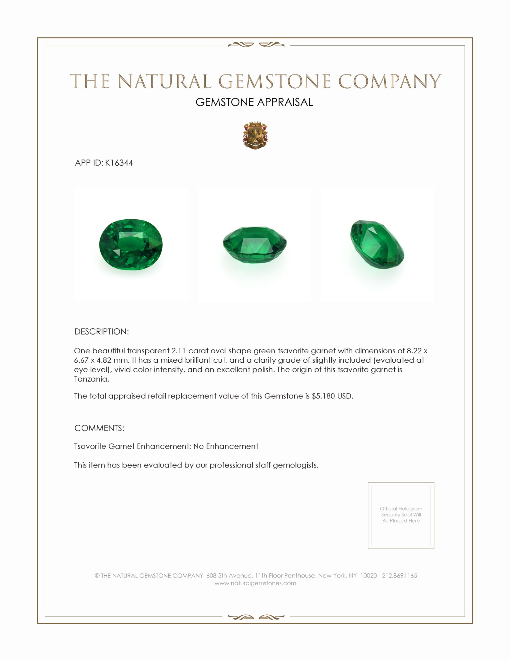 2.11 Ct. Tsavorite Garnet from Tanzania