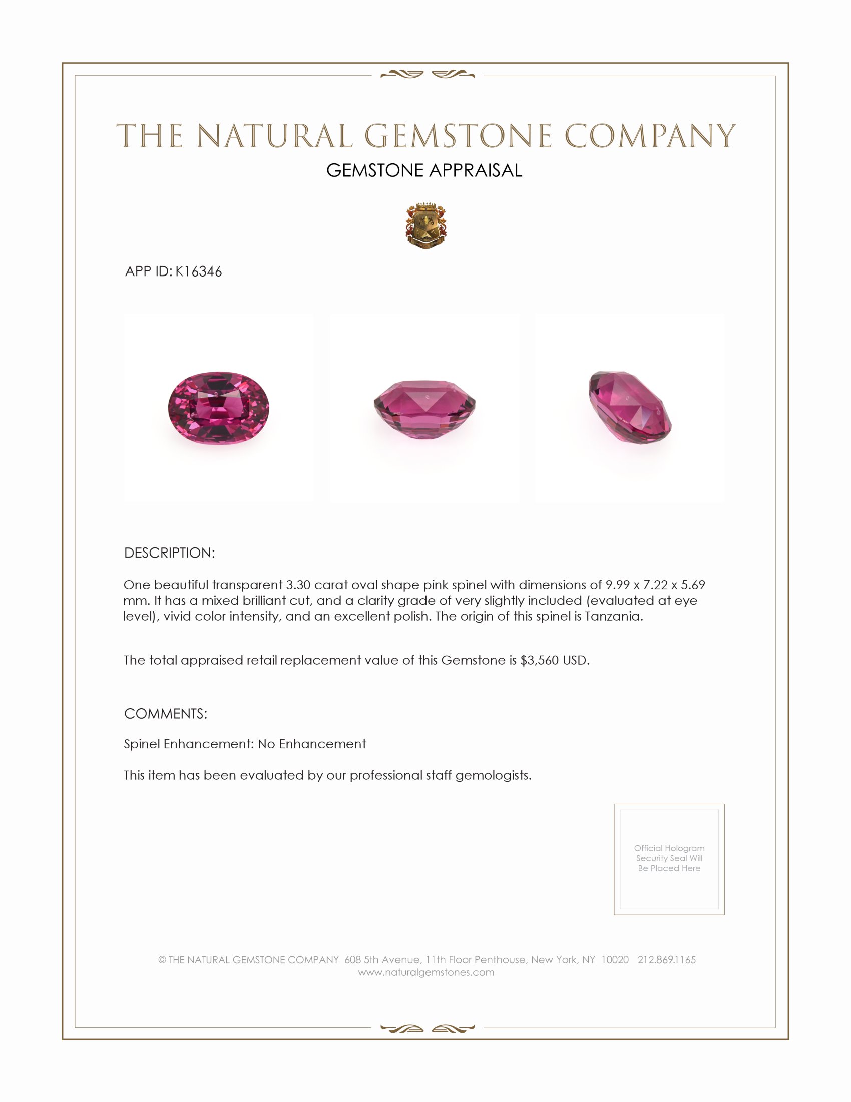 3.30 Ct. Spinel from Tanzania