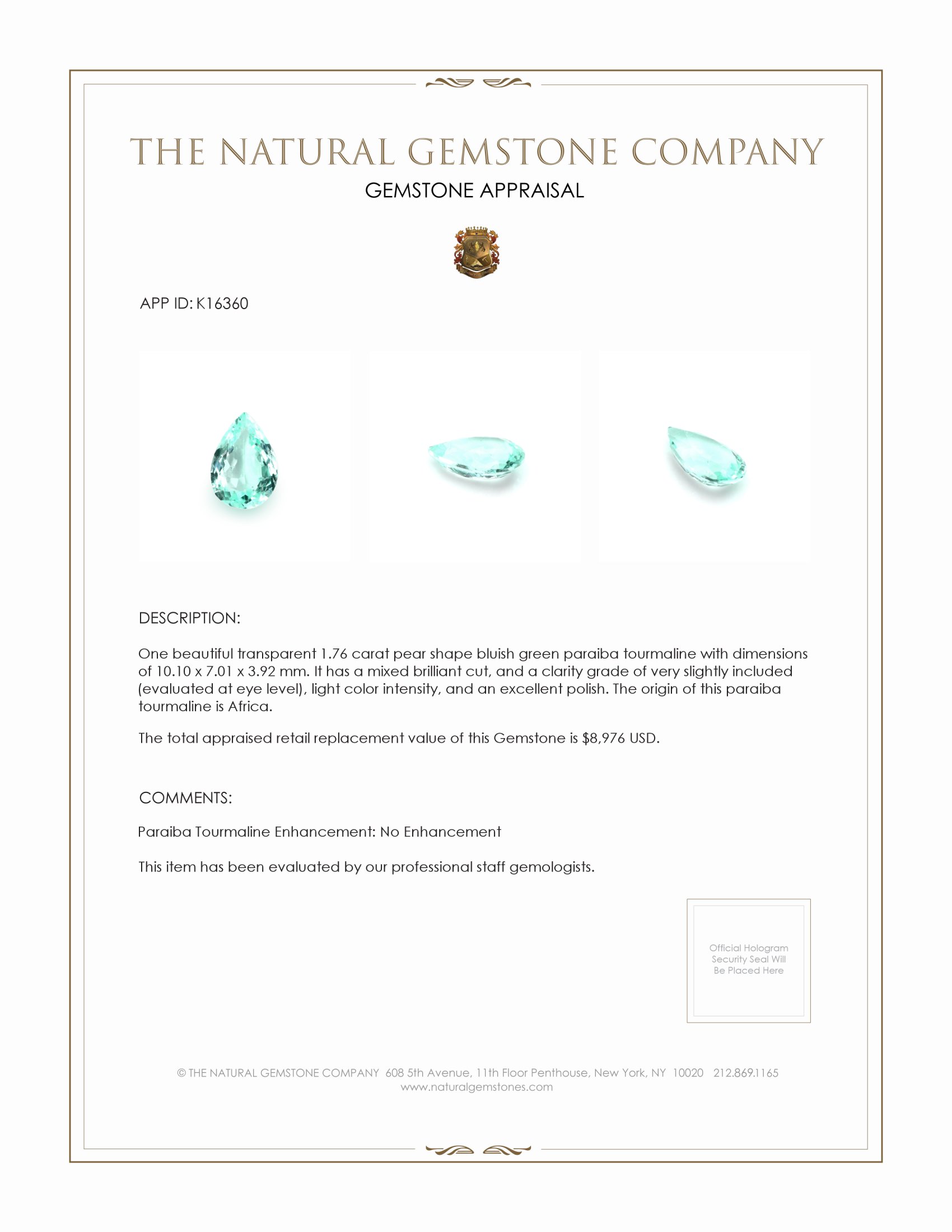 1.76 Ct. Paraiba Tourmaline from Africa