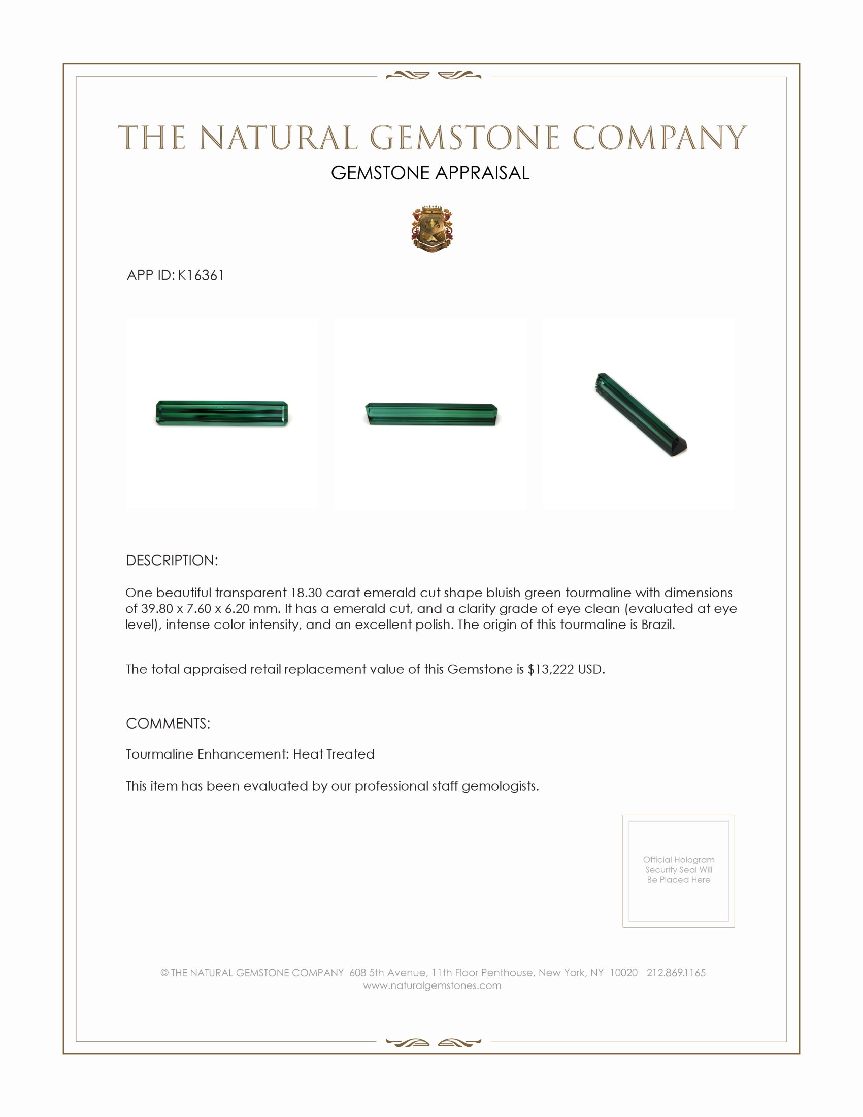 18.30 Ct. Tourmaline from Brazil