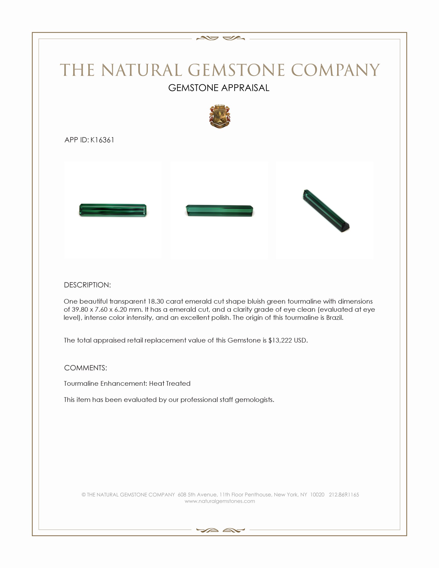 18.30 Ct. Bluish Green Tourmaline from Brazil