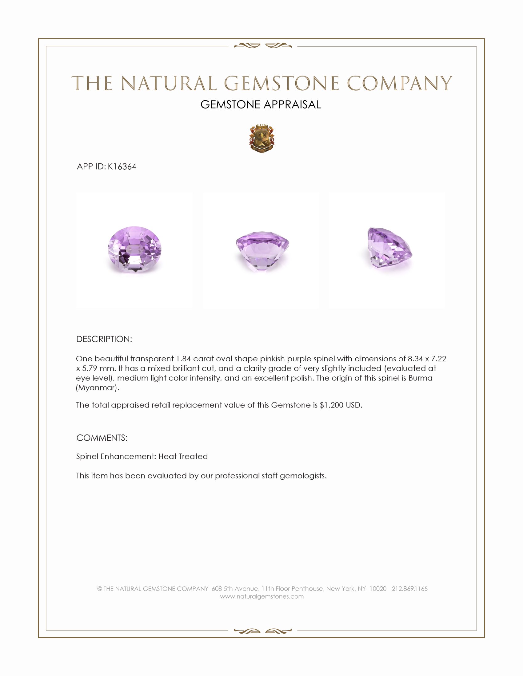 1.84 Ct. Spinel from Burma (Myanmar)