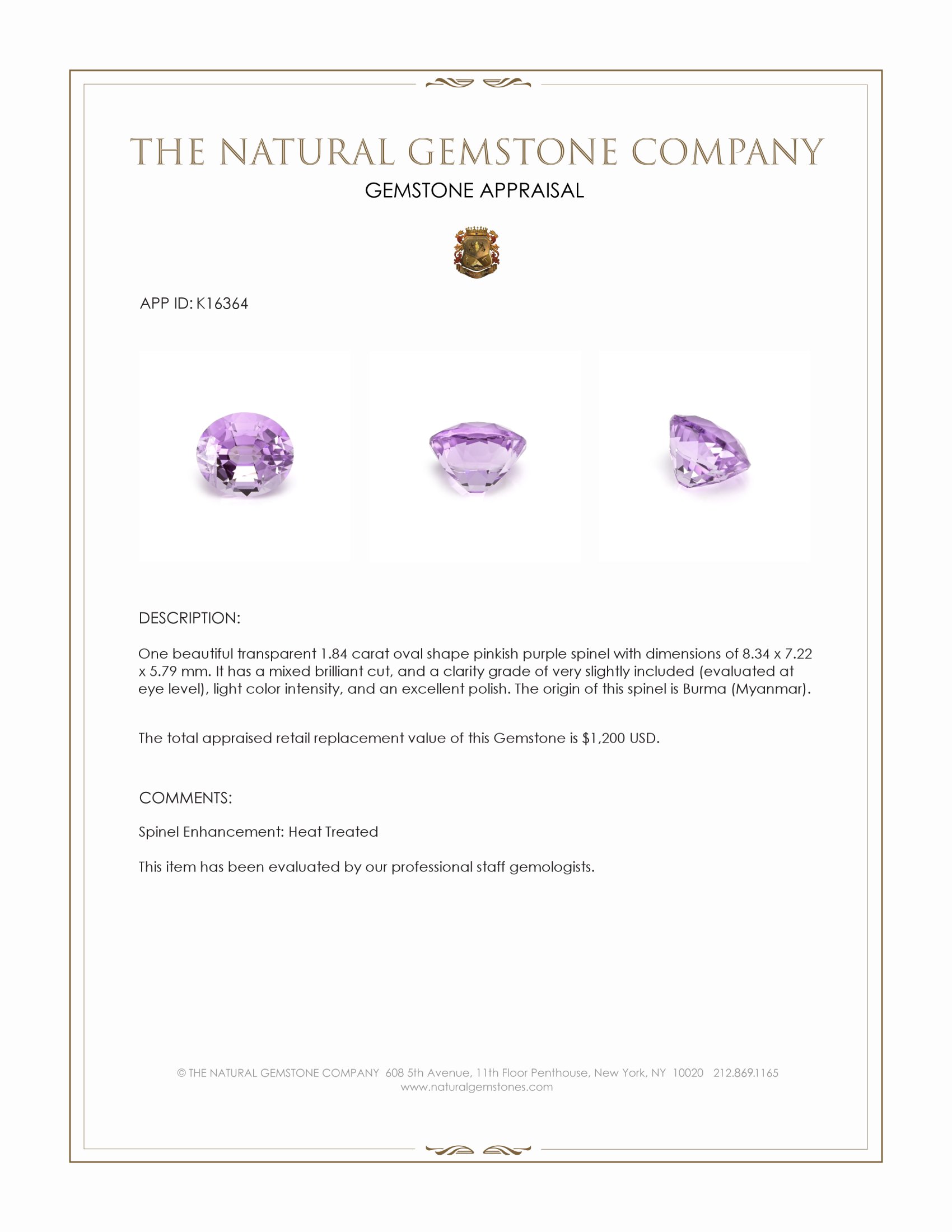 1.84 Ct. Pinkish Purple Spinel from Burma (Myanmar)