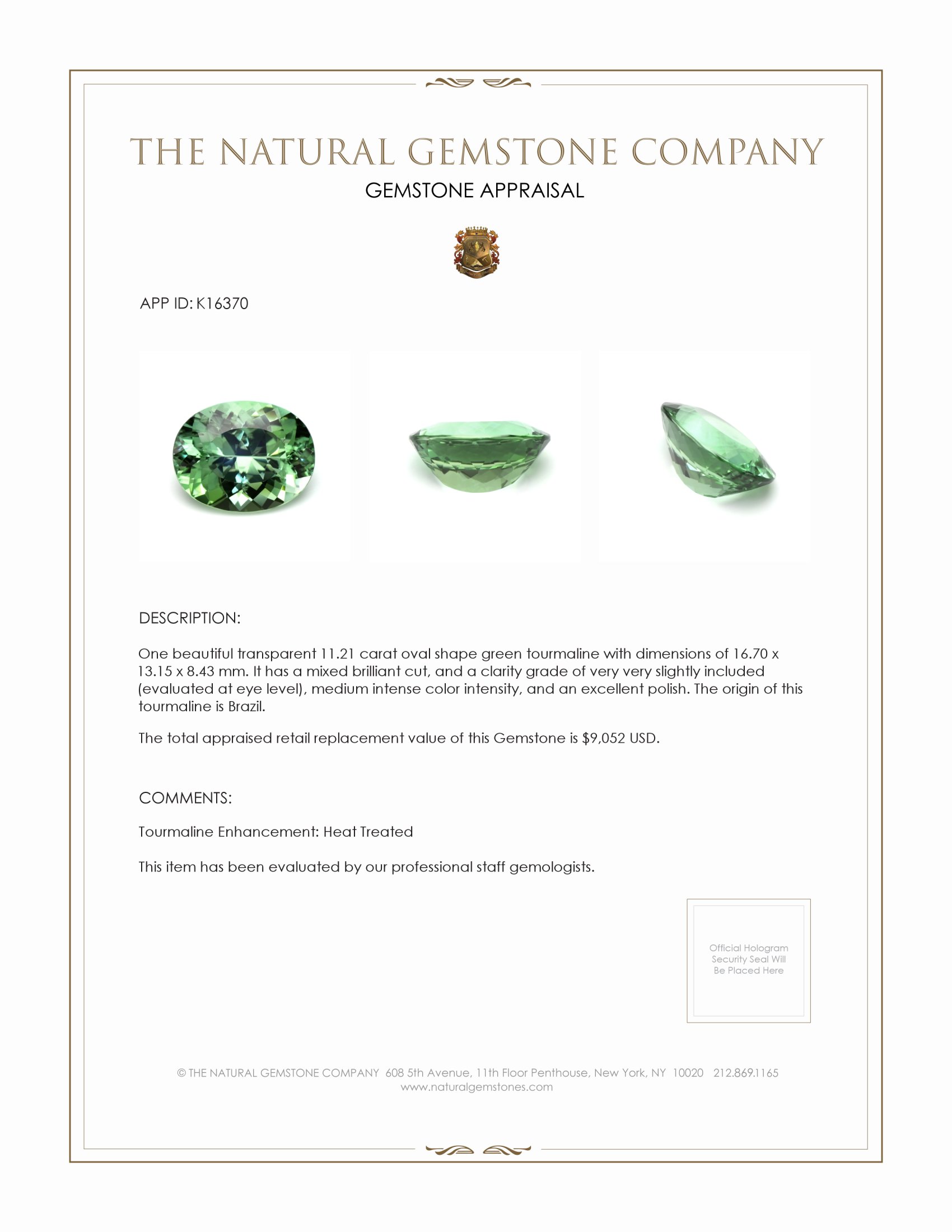 11.21 Ct. Green Tourmaline from Brazil