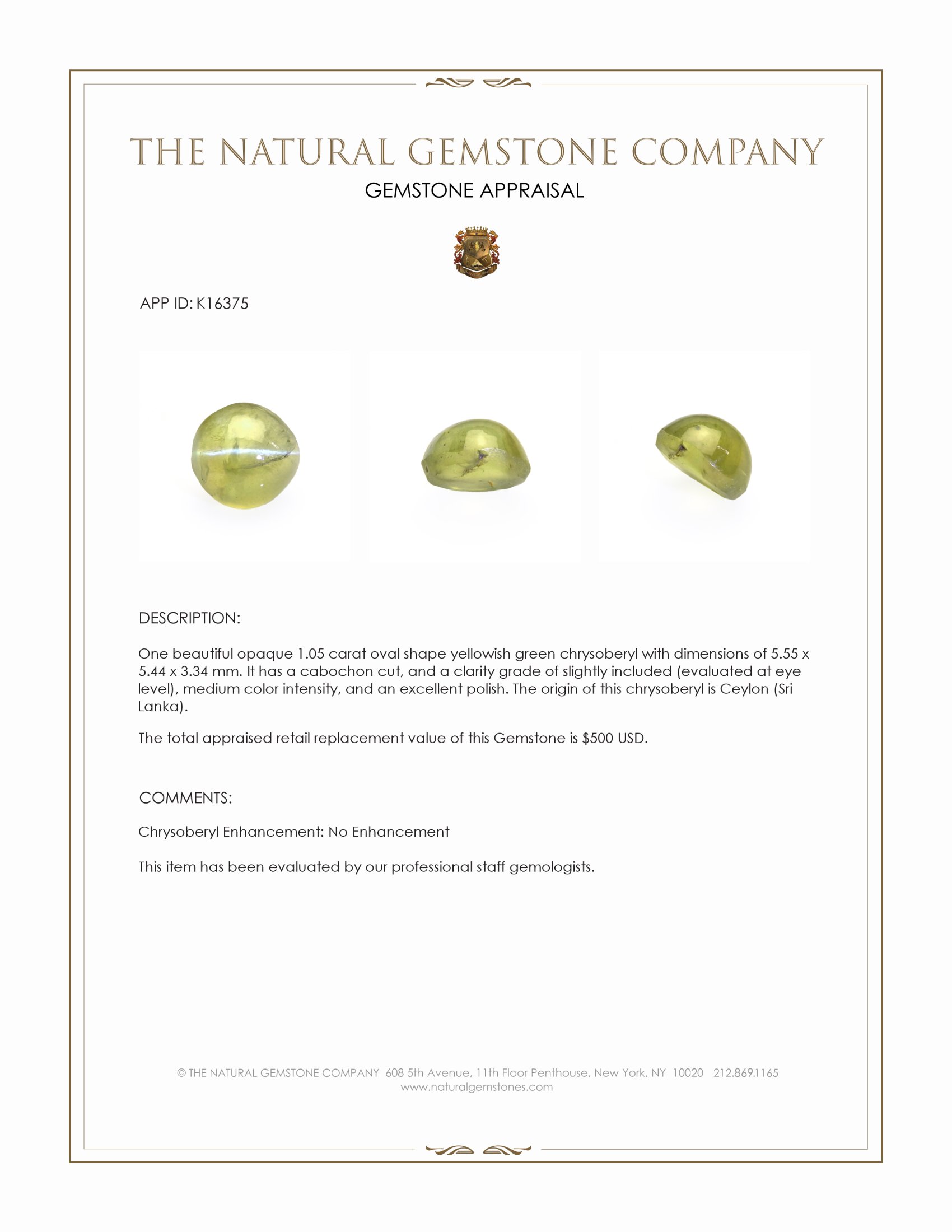 1.05 Ct. Yellowish Green Cabochon Chrysoberyl from Ceylon (Sri Lanka)