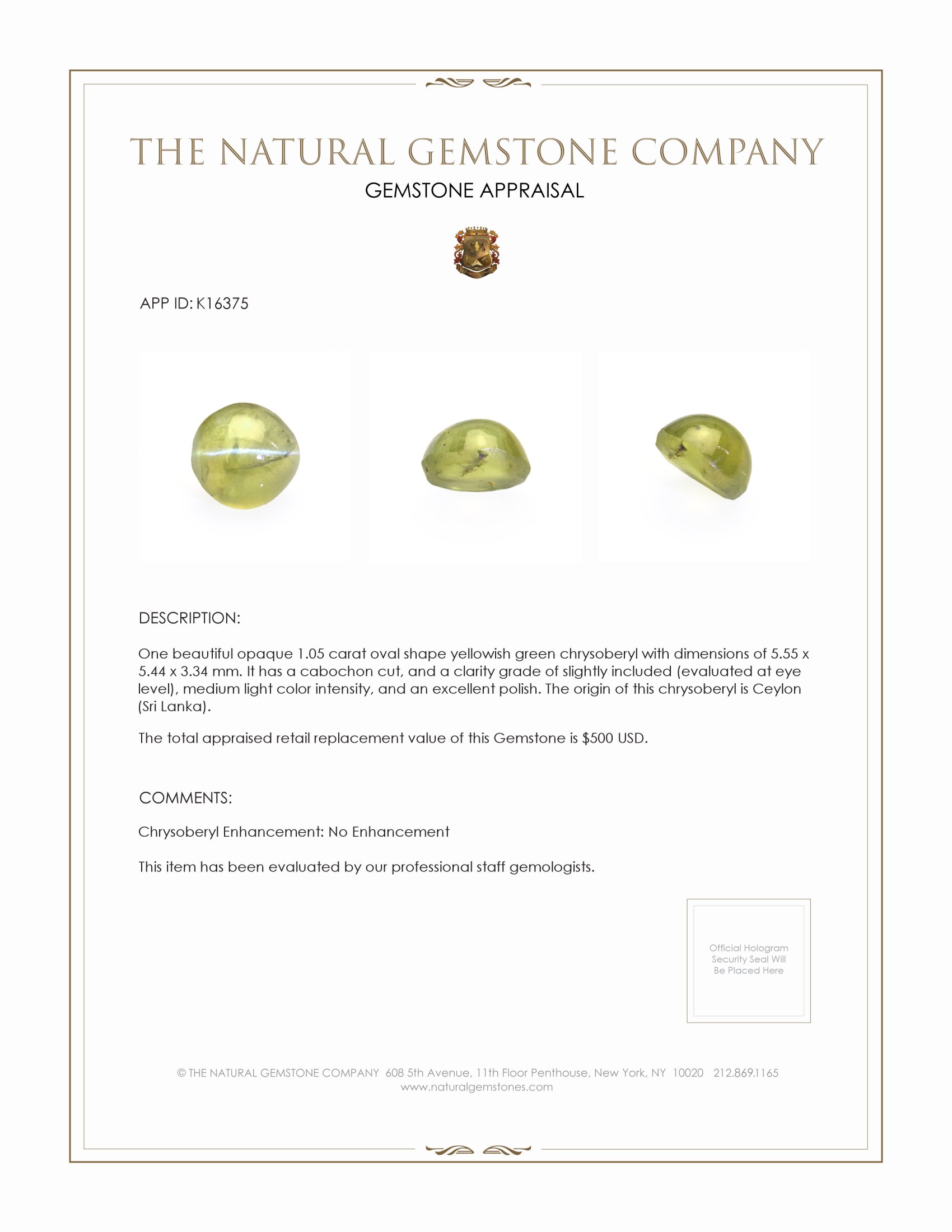 1.05 Ct. Cabochon Chrysoberyl from Ceylon (Sri Lanka)