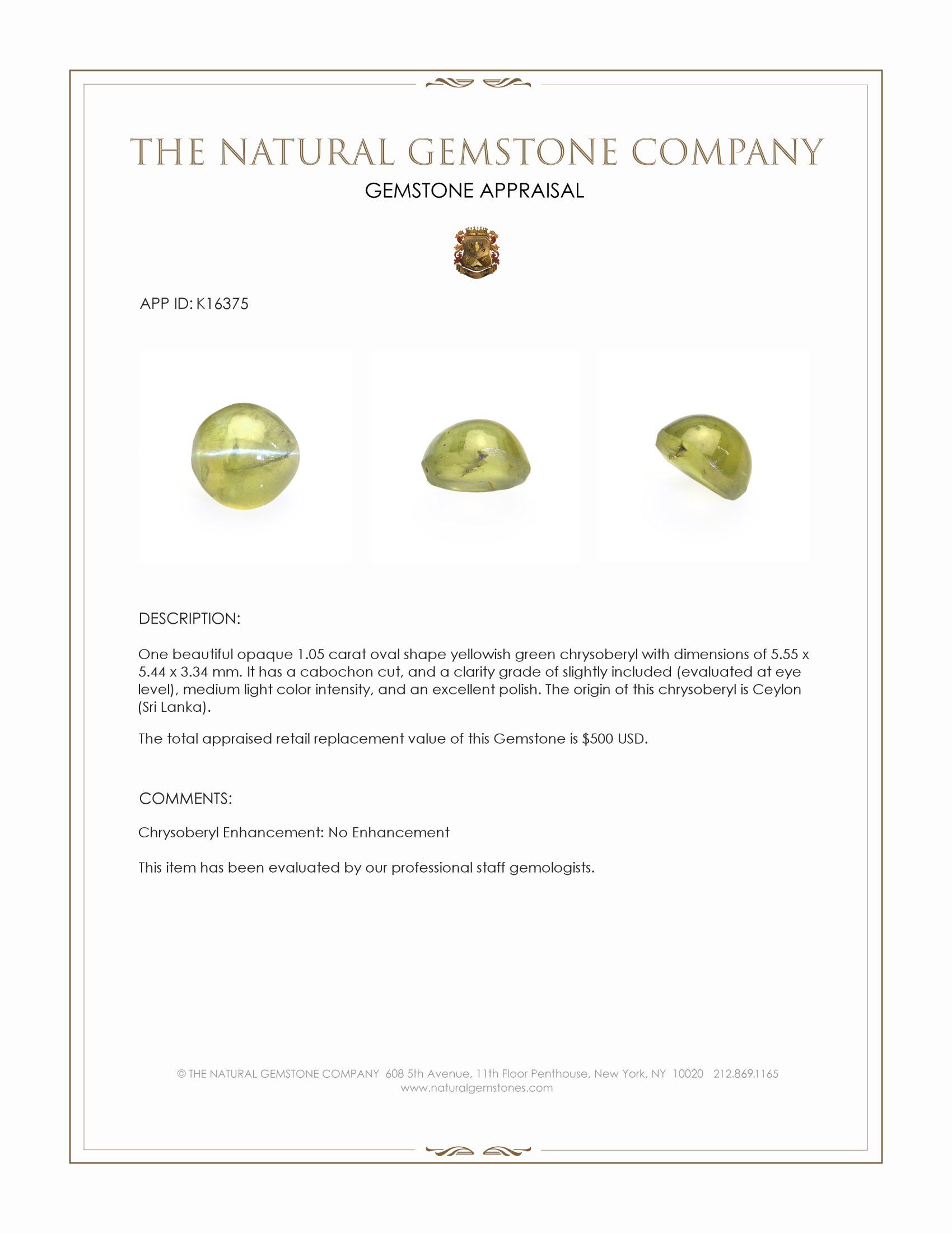 1.05 Ct. Cabochon Chrysoberyl from Ceylon (Sri Lanka)