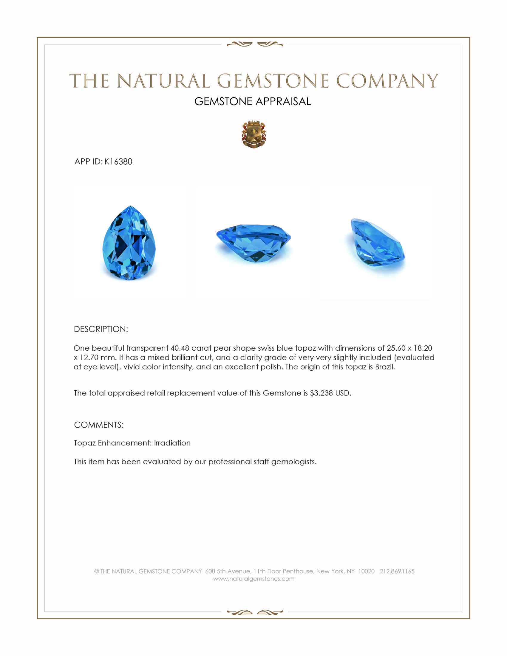 40.48 Ct. Swiss Blue Topaz from Brazil