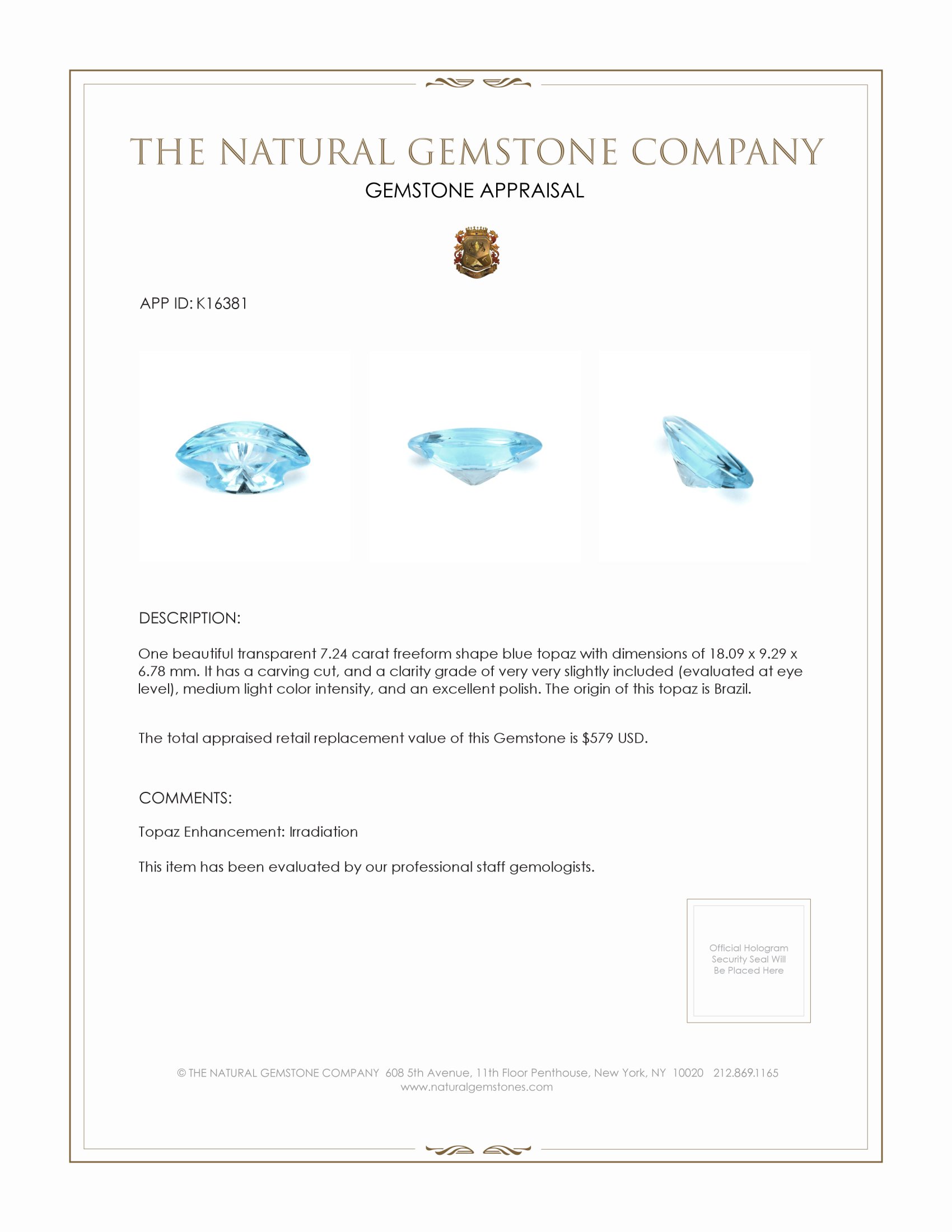 7.24 Ct. Topaz from Brazil