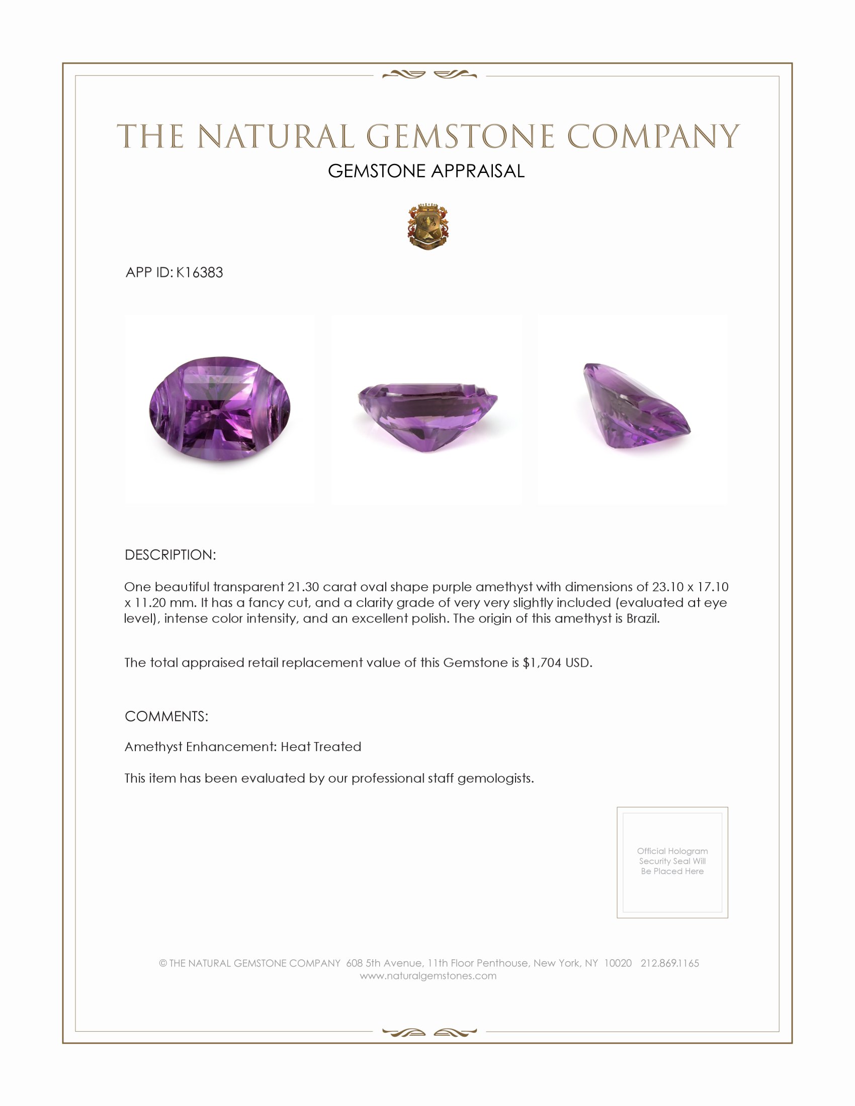 21.30 Ct. Amethyst from Brazil